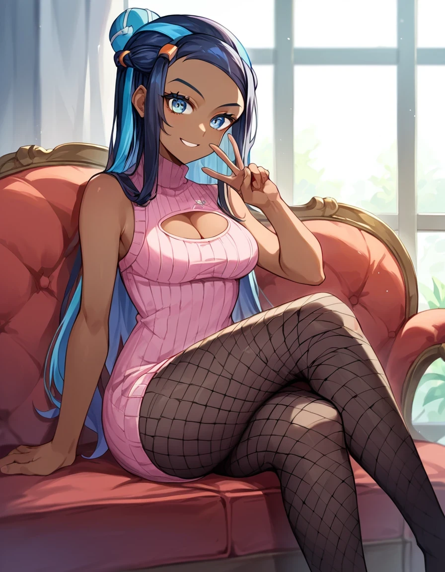 score_9, score_8_up,score_7_up, source_anime, 1girl, solo, EPpkNessa, blue eyes, black hair, blue hair, streaked hair, single hair bun, dark skin, dark-skinned female, pink sweater dress, cable knit, short dress, sleeveless, bare arms, cleavage cutout, fishnets, black legwear, sitting, on couch, crossed legs, smile, hand up, V