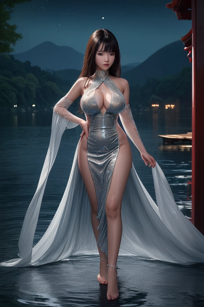 best quality, 8k, highly detailed face and skin texture, high resolution, huge tits asian girl in sexy dress on the lake at night, under the moon light, sharp focus
