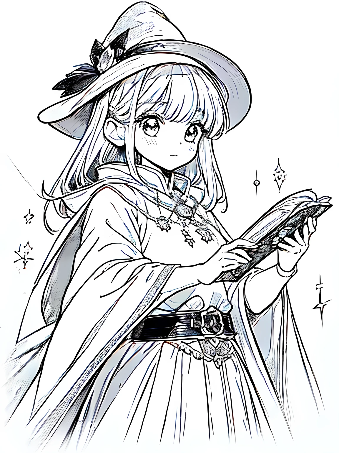 Line art background, background, Monochrome, Line art, ((sketch)),Highest quality,masterpiece,monochrome,Lineart,single color,Create a detailed coloring page,Girl、Big eyes、A long robe with wide sleeves and a hem、Large hood、Pointed hat、Mysterious Aura、A cloak decorated with a magic circle emblem、Amulet、pendant、A wand inlaid with gems and magical runes、book of magic、Magic Ring、Portion、belt、incantation、magic theory、Curious、High concentration、Calm、Theoretical、Calculating、mysterious、Elemental Magic、Powerful incantation、magic theory、Witch Hat