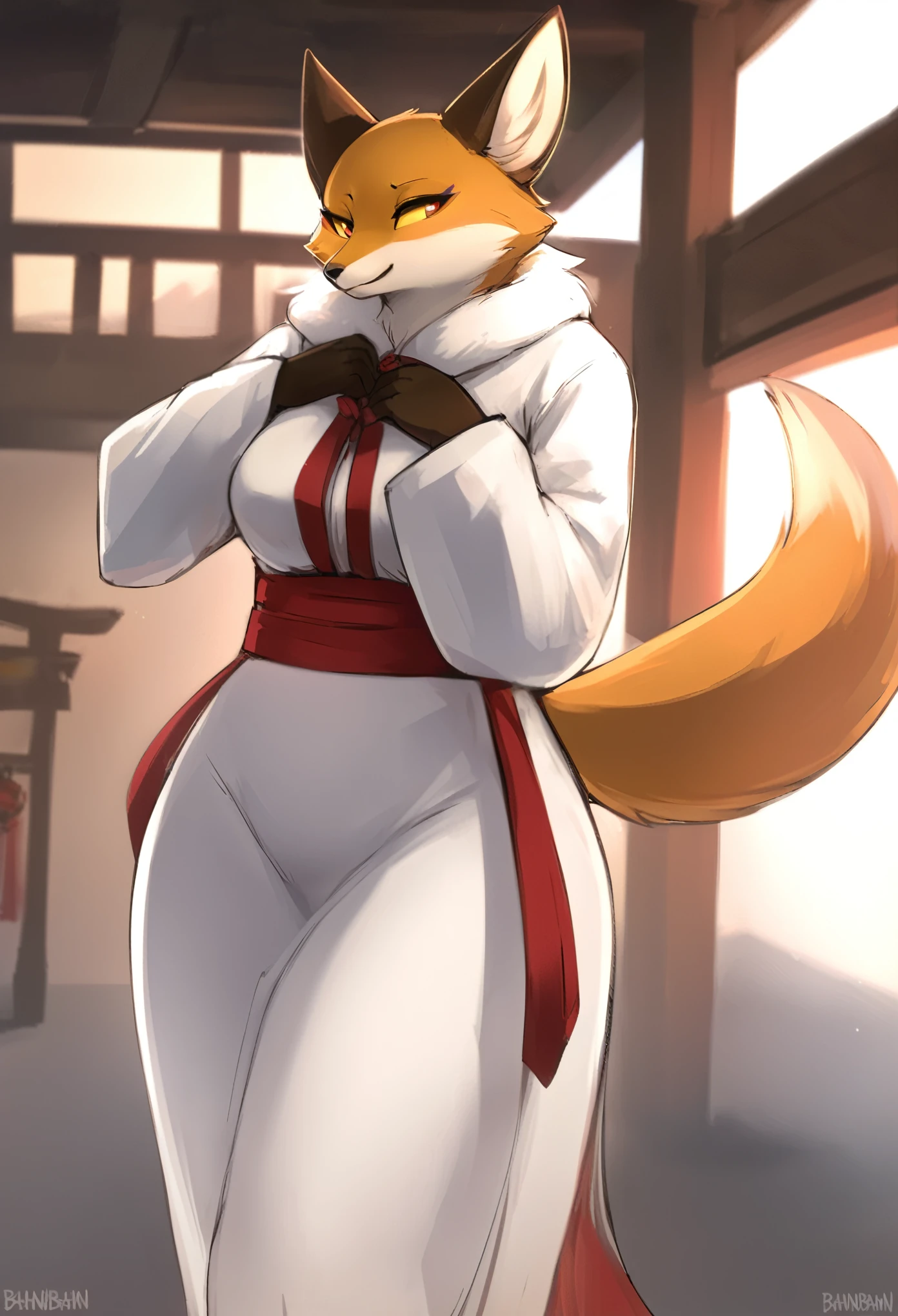 top quality, best quality, by bahnbahn, High-quality illustrations, masterpiece)(kemono, furry anthro, alone), round, female, fox, Fennix, (Fortnite), furs, tail, wide hips, big breasts, yellow sclera eyes, body movement, shrine maiden clothes, shrine maiden bodysuit