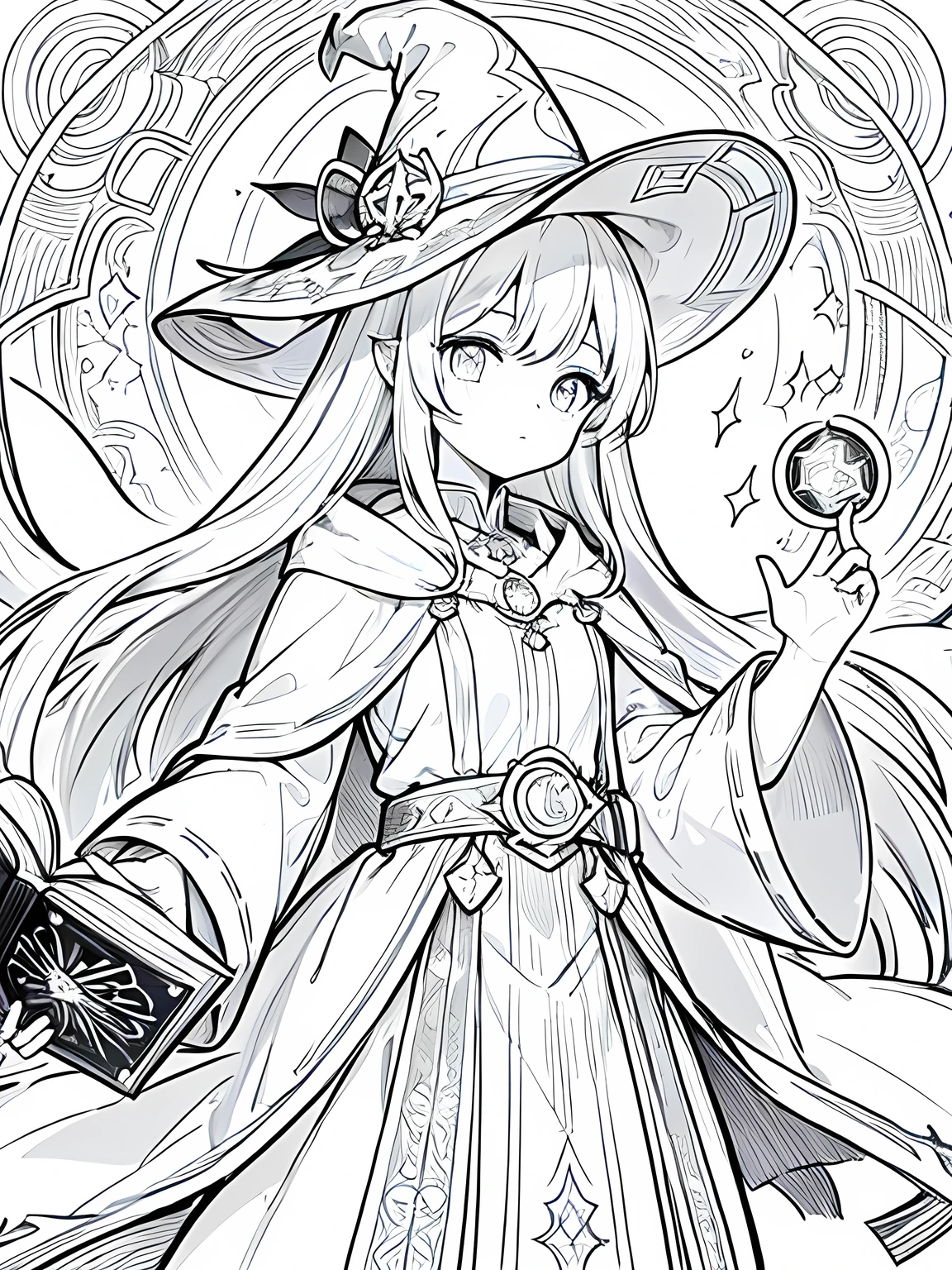 Line art background, background, Monochrome, Line art, ((sketch)),Highest quality,masterpiece,monochrome,Lineart,single color,Create a detailed coloring page,Girl、Big eyes、A long robe with wide sleeves and a hem、Large hood、Pointed hat、Mysterious Aura、A cloak decorated with a magic circle emblem、Amulet、pendant、A wand inlaid with gems and magical runes、book of magic、Magic Ring、Portion、belt、incantation、magic theory、Curious、High concentration、Calm、Theoretical、Calculating、mysterious、Elemental Magic、Powerful incantation、magic theory、Witch Hat