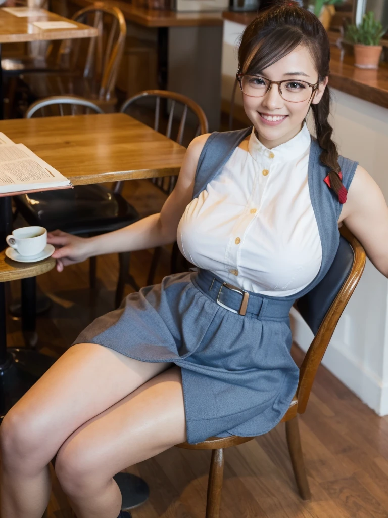 highest quality, masterpiece, High resolution, Photorealistic, RAW Photos, 8k wallpaper, perfection, Professional and bright lighting, Very detailed,(Big Breasts),(Tight waist),(Thin and beautiful legs), whole body, ((View your viewers)), Detailed face, Beautiful Eyes,smile,Braid,Sleeveless buttoned and collared shirt,Dark blue microskirt,Glasses,An elegant pose,Sit on a chair in a cafe,I have a book