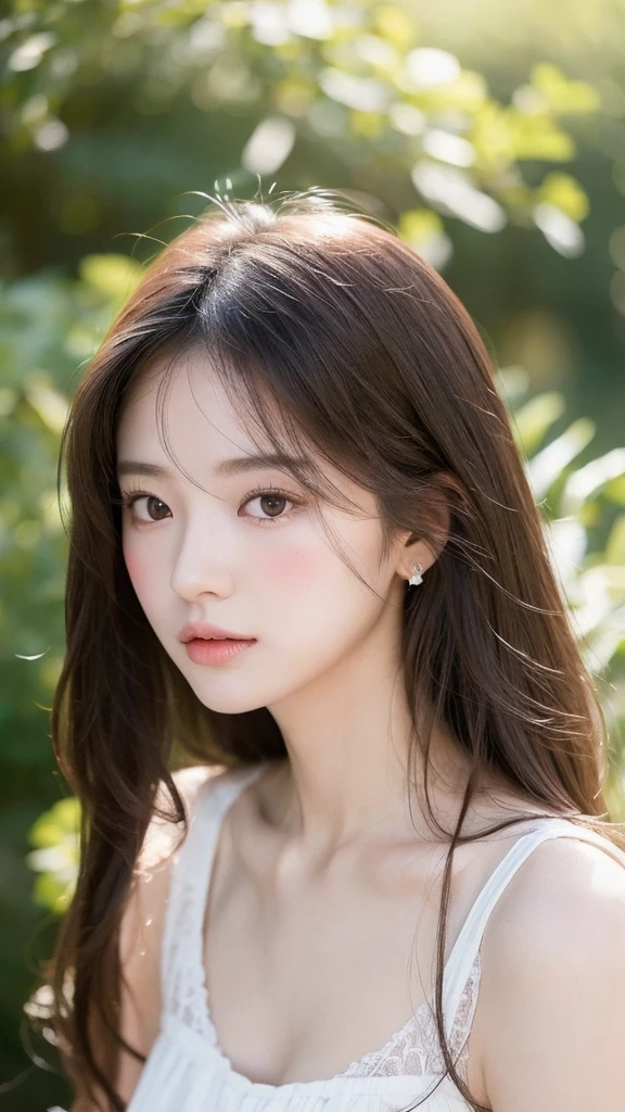 a woman with long hair and a white dress posing for a picture, beautiful south korean woman, beautiful portrait image, lovely delicate face, with long hair and piercing eyes, korean girl, beautiful aesthetic face, beautiful delicate face, beautiful asian girl, young adorable korean face, ethereal beauty, asian girl with long hair, beautiful young korean woman, beautiful anime portrait