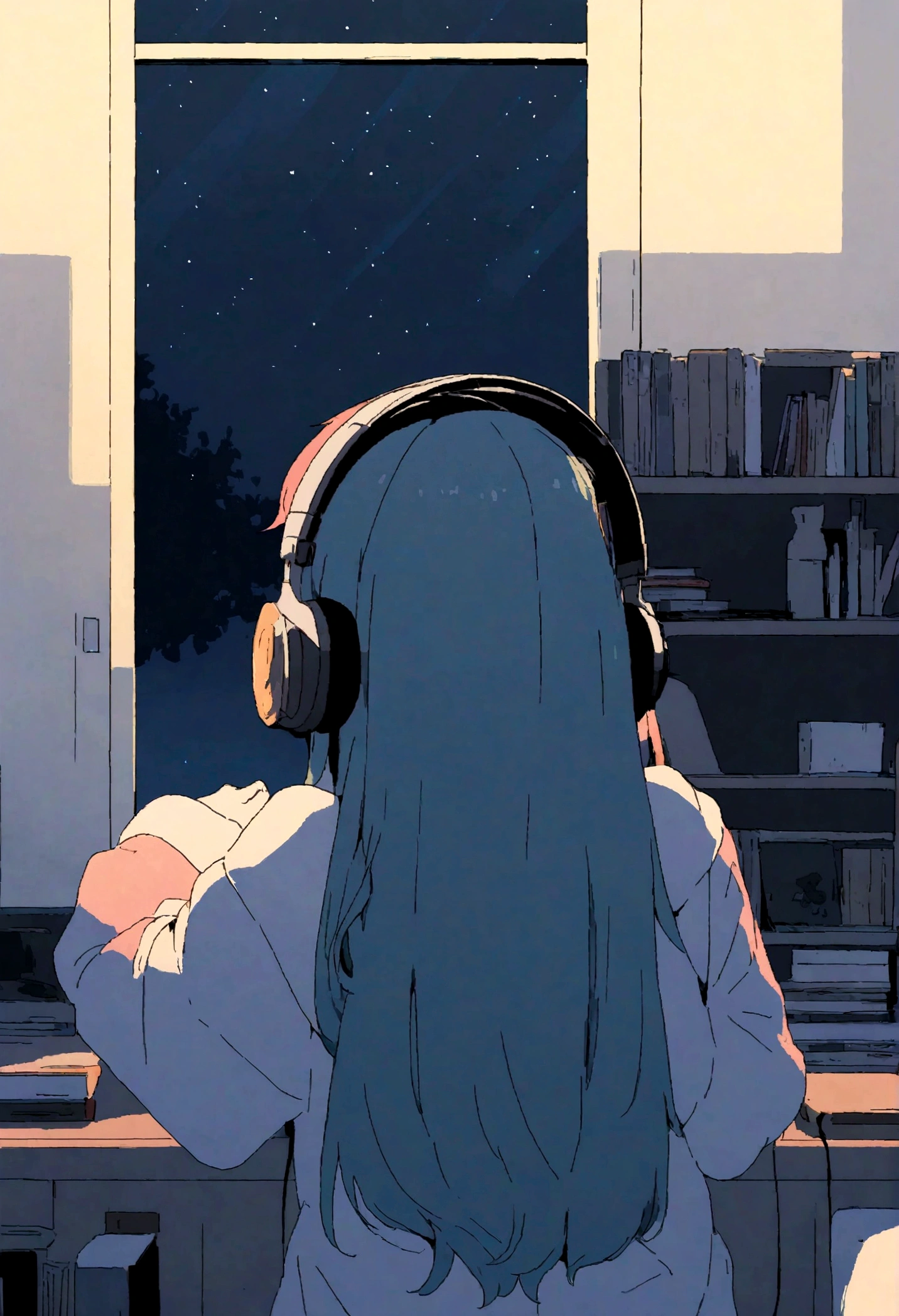 night、Girl listening to music in a cozy room, Use headphones, Anime-style 2D, Lo-Fi, High resolution, Back view,