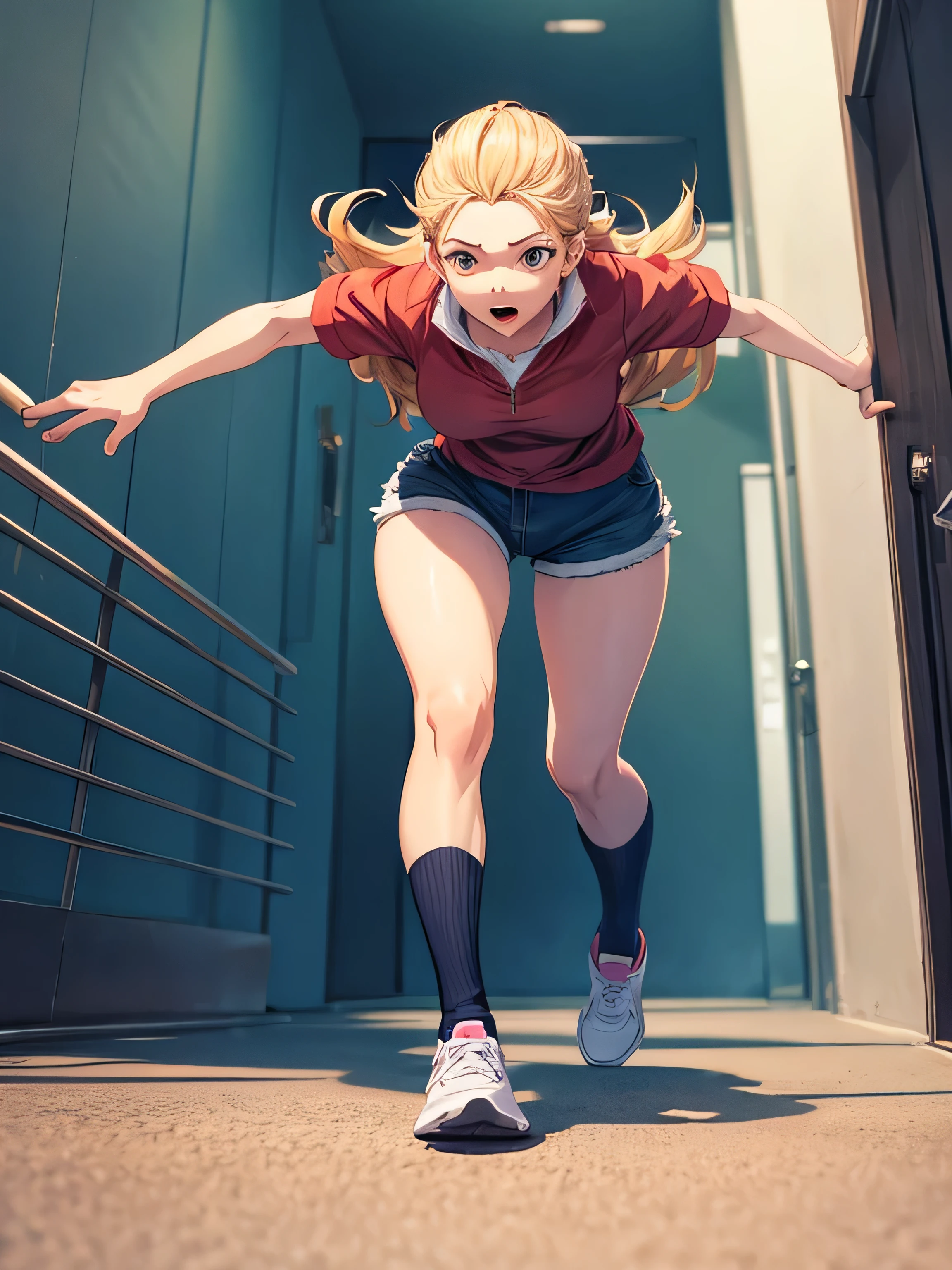 Animated illustration of a woman sprinting down a hallway, zoomed in on the lower half of her body, Shorts, socks