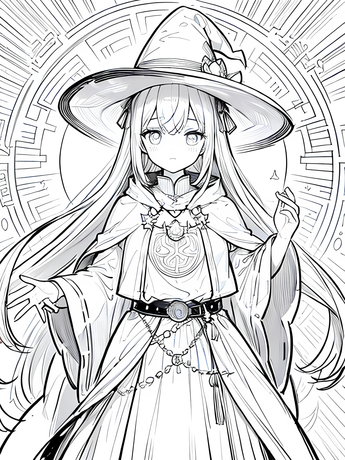 Line art background, background, Monochrome, Line art, ((sketch)),Highest quality,masterpiece,monochrome,Lineart,single color,Create a detailed coloring page,Girl、Big eyes、A long robe with wide sleeves and a hem、Large hood、Pointed hat、Mysterious Aura、A cloak decorated with a magic circle emblem、Amulet、pendant、A wand inlaid with gems and magical runes、book of magic、Magic Ring、Portion、belt、incantation、magic theory、Curious、High concentration、Calm、Theoretical、Calculating、mysterious、Elemental Magic、Powerful incantation、magic theory、Witch Hat