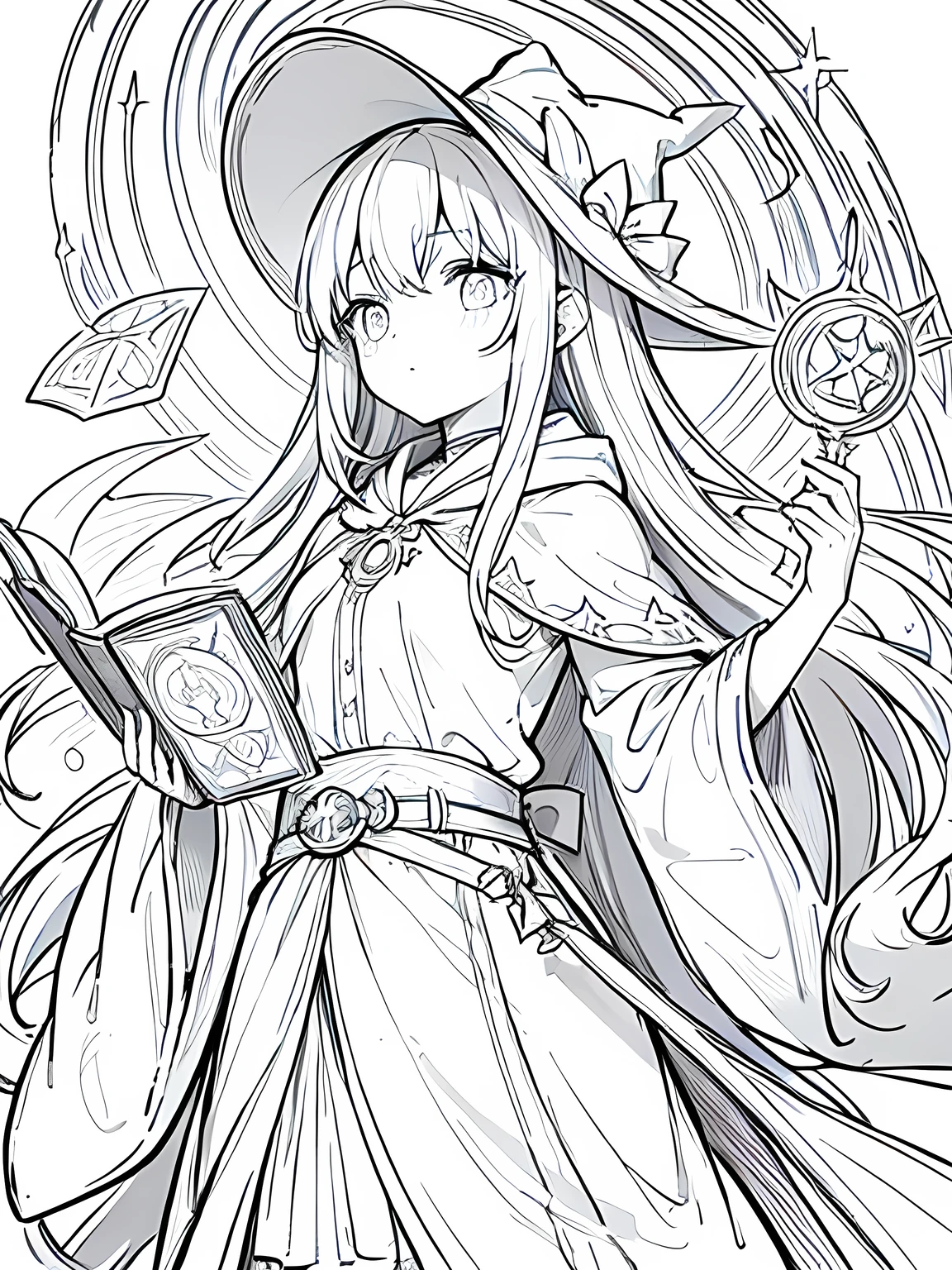 Line art background, background, Monochrome, Line art, ((sketch)),Highest quality,masterpiece,monochrome,Lineart,single color,Create a detailed coloring page,Girl、Big eyes、A long robe with wide sleeves and a hem、Large hood、Pointed hat、Mysterious Aura、A cloak decorated with a magic circle emblem、Amulet、pendant、A wand inlaid with gems and magical runes、book of magic、Magic Ring、Portion、belt、incantation、magic theory、Curious、High concentration、Calm、Theoretical、Calculating、mysterious、Elemental Magic、Powerful incantation、magic theory、Witch Hat