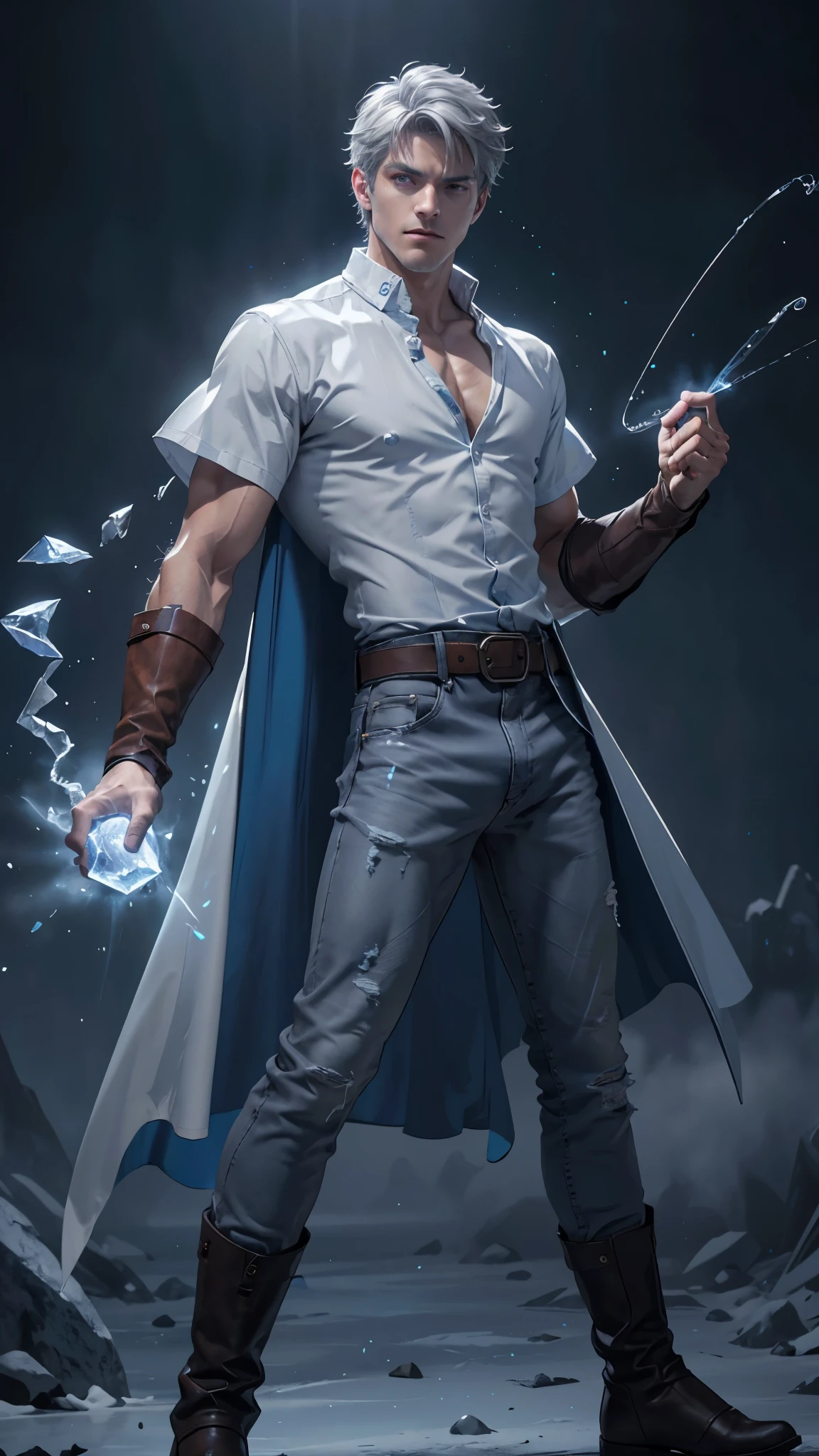 Design 1wizard man throwing a ice beam. Young man with ice  cape.Light gray hair Gray eyes Wearing a white button-down shirt Wearing blue jeans Wearing a brown belt Wearing short brown boots Wearing blue gloves on your hands. epic.cinematografico