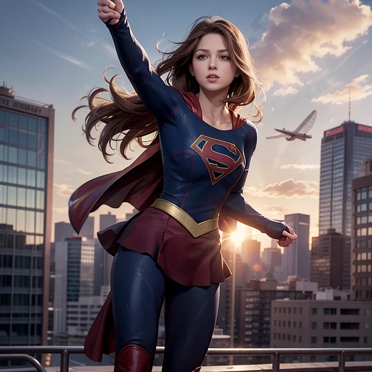 solo, 1girl, m3l1ss, supergirl, brown hair, s0p3r6m3l1s4-smf, blue eyes, blue bodysuit, long sleeves, red cape, realistic, bodysuit, animification, skirt, flying, blonde hair, arm up, buildings, sky, clouds, sun light