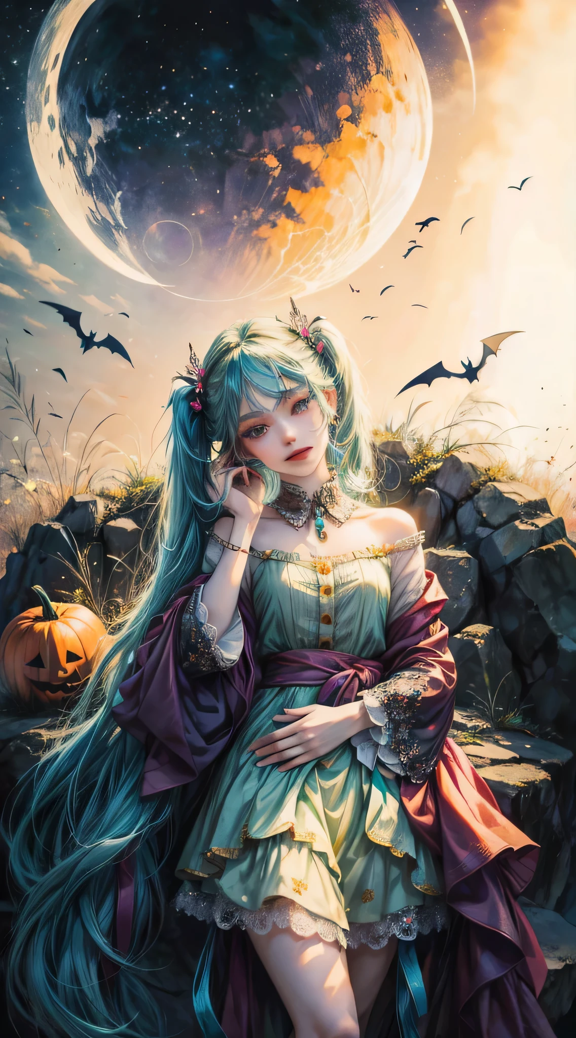 Absurdres masterpiece HDR high quality picture of Hatsune Miku, very young age girl 14 years old with detailed face, simple hair design , beautiful face, pose hands on waist pose and hands are hiding in her hair and clothes , very long hair, ((random hair style:1 )) , anime eyes, light skin ,
Halloween Festival outfit , succubus outfit, detailed hair ornaments , beautiful town background, masterpiece scenery