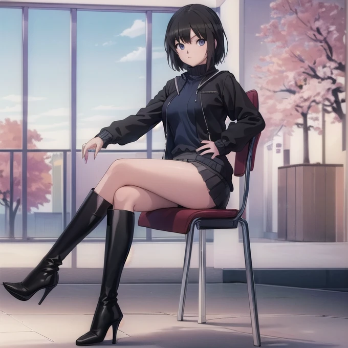 (((One Girl))),(((((Full Body Shot))))) ,(masterpiece:1.2), highest quality,,(((((((((((High resolution))))))))))), unity 24k wallpaper, (shape:0.8), Highly detailed face, Perfect lighting, (((((Extremely detailed CG))))),(((Shibuya Scramble Crossing))),Black Hair,(Big Breasts),((White jacket)),((((Black sweater)))),((((White tight skirt)))),((((Black long boots)))),((((Black pointed toe))))、((((Black stiletto heel))))、((((Thin legs)))),((((Open your jacket)))),((((Very thin hair)))),((Cherry blossom scenery)),((on the road)),(((((blue sky))))),((On a chair))