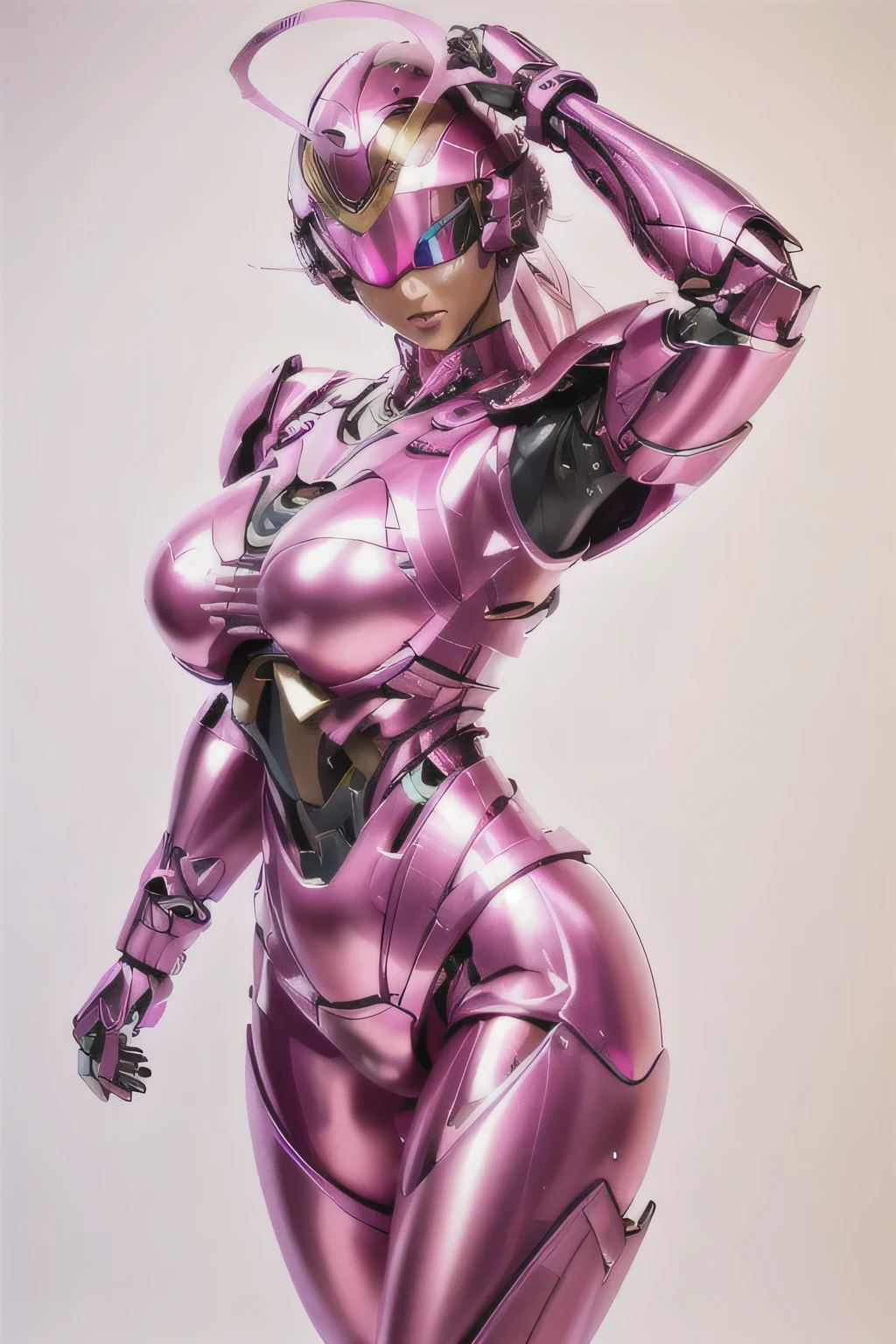 Solo woman taking a photo wearing shiny pink armor, Street Fighter、 Perfect anime cyborg woman, Streamlined pink armor, Female cyborg body, pregnant Female Cyborg, Girl wearing mecha cyber armor, 3d rendering character art 8k, Japanese Cyborg, Perfect cyborg woman, Female body type, Biomechanical Boobs, Female Cyborg