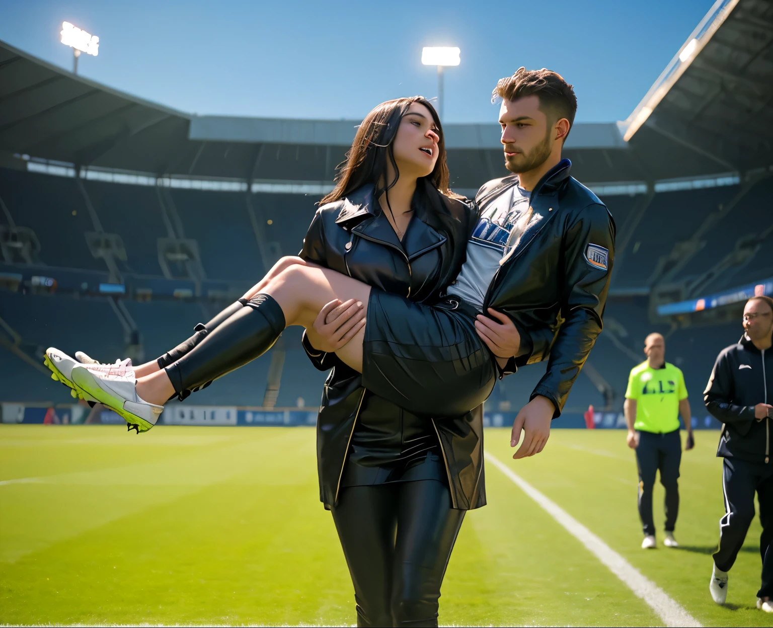 fainting, fainted man, unconscuous man, passed out, Andrea carries the wounded man's body in her hands, Andrea grabs his legs and his body with her hands, the bearded man in Andrea's arms is visibly in pain, stadium atmosphere, the bearded man is lying consciousless in Andrea's arms with one arm hanging down, A scene at a soccer stadium, a bearded man lying in a caring women's arms, lying helpless in her arms with his head dangling down, he has one arm dangling down while being carried in the women's arms, There is an attractive and heavily made-up woman in a long black leather coat, A pretty woman in a shiny black leather coat on a soccer field, A wonderful woman is holding a passed out man, A man in matt and roughened sportswear is held diagonal in her arms, a man in a woman's arms and lets one arm dangling down, we see the man held in front of the woman's body, the man is cradled in the woman's arm while being carried, the beautiful woman is exceptionally heavily made up and has an extremely desperate and very angry expression on her face, high-resolution photo, realistic sports photo, soccer scene, woman in black shiny long leather coat, injury scene, real photo, ultra realistic, high definition, sports photography