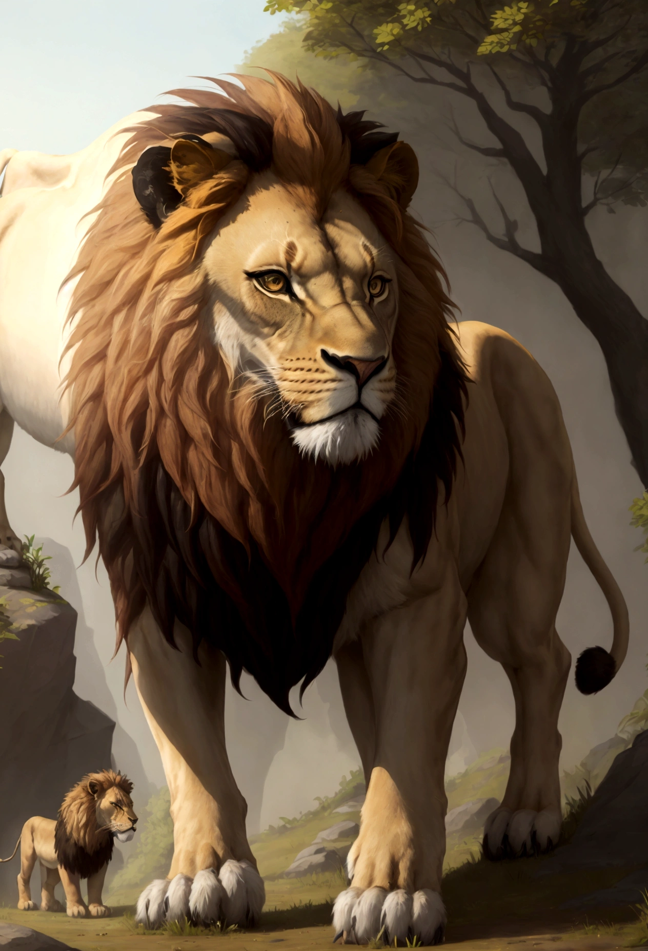 There is a lion walking on the grass with a rock in the background, Uma foto de Derek Zabrocki, Unsplash, arte digital, Rei da selva, with the mane of a lion, olhar orgulhoso, fazendo uma pose majestosa quente, Aslan the Lion, half lion, 2 d full body lion, olhar orgulhoso, arte digital animal foto, lion mane