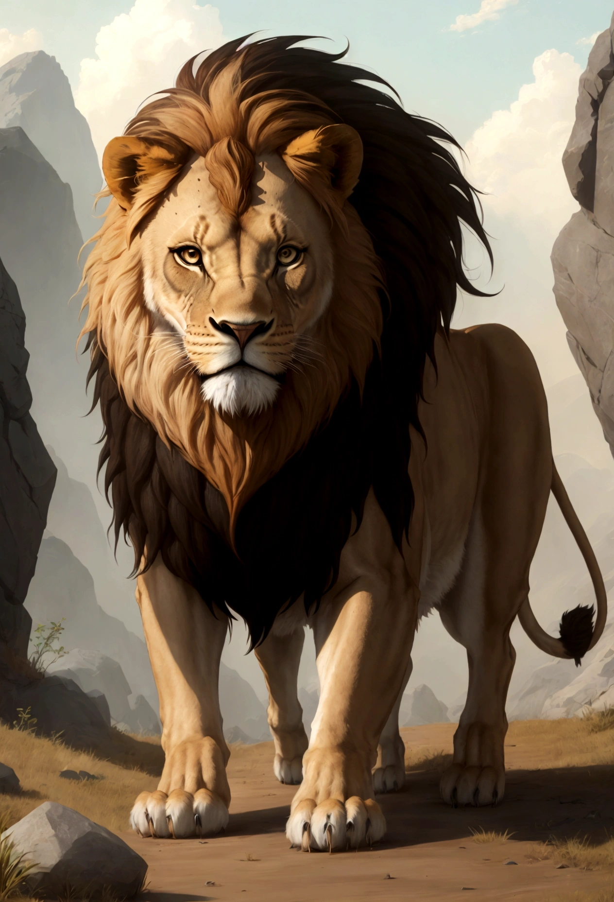 There is a lion walking on the grass with a rock in the background, Uma foto de Derek Zabrocki, Unsplash, arte digital, Rei da selva, with the mane of a lion, olhar orgulhoso, fazendo uma pose majestosa quente, Aslan the Lion, half lion, 2 d full body lion, olhar orgulhoso, arte digital animal foto, lion mane