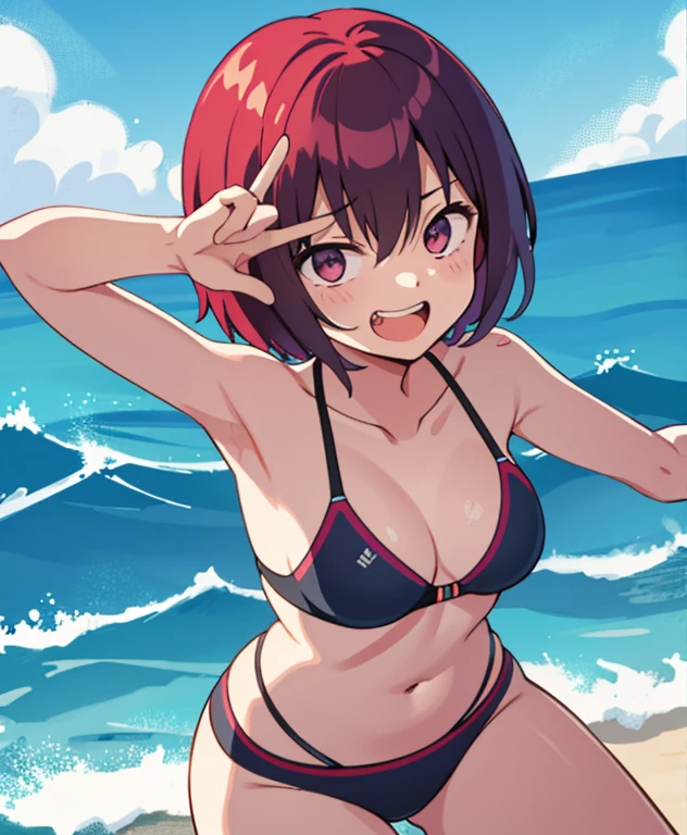 1girl, rolling eyes,
grin, drool, solo, smile, tongue out, open mouth, small bikini, full body, out of breath, , short hair, slap butt, much va, wet body