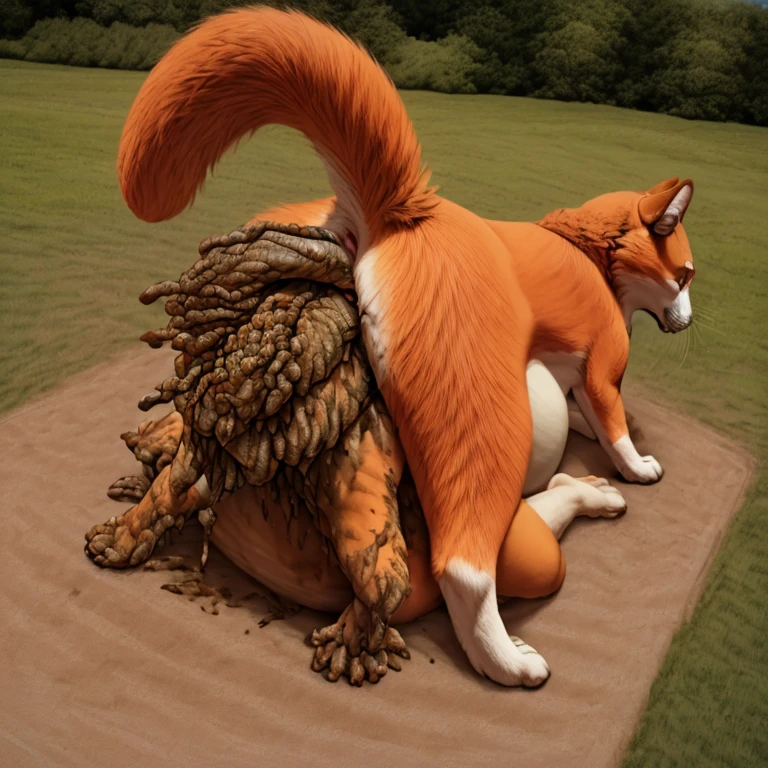 (duo:1.2), ((((husky dog, orange cat, feral)))), standing on all fours, public park, masterpiece, high quality, realistic, detailed background, ((((butt shot, faces sitting)))), ((((face in anus, on all fours, inflation, halfway through, excessive feces, sitting on face))))