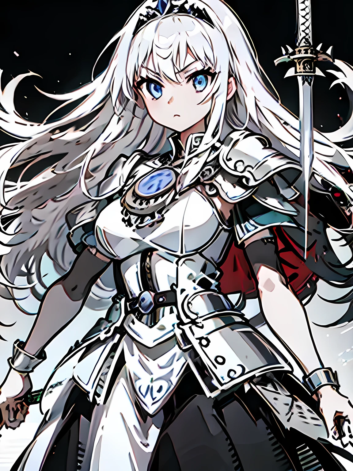 Highest quality,masterpiece,Girl、Big eyes、Beautiful and elegant armor、Plate Armor、Chainmail、Cape、Cape、Small Crown、tiara、Amulet、pendant、bracelet、ring、A large legendary sword engraved with magical powers and symbols.、Powerful Shield、courage、Decisiveness、leadership、Responsibility、Feeling for friends、Dedication、sincerity、Justice、Excellent swordsmanship、High protection、magic、Big eyes、Long Hair、Elegant style、Beauty and charm
