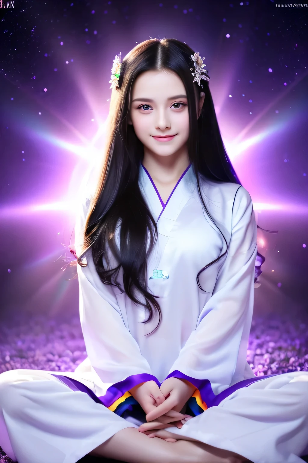 A stunning masterpiece of a high-res portrait of a beautifully detailed girl with long, shiny black hair and mesmerizing violet eyes, wearing hanfu and flashing a gorgeous smile. sitting in meditation pose, violet flame burning all around her, then violet fire energy aura is burning with platinum white light and rainbow halo