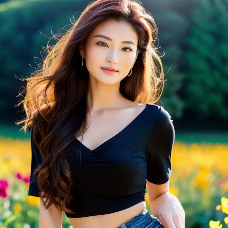 Close-up of woman in dark black shirt,Posing for pictures, black shirt, wearing The shirt is tight., beautiful woman wearing a tight black t-shirt with a cropped waist, ponytail, in the flower field, Girl forehead in a field of flowers, girl, Photo of a beautiful woman, Asian girlที่สวยงาม, woman ยืนin the flower field, ยืนin the flower field, attractive woman, Girl in a field of flowers, ยืนin the flower fieldAsian girl, The shirt is tight., Beautiful Asian woman, The beautiful female jade tailor, Portrait of Sophie Mudd, Wear a cute shirt., jaw-dropping beauty, Asian girl, asian woman, Better known as Amaranth., beautiful body and face, Stunning beauty