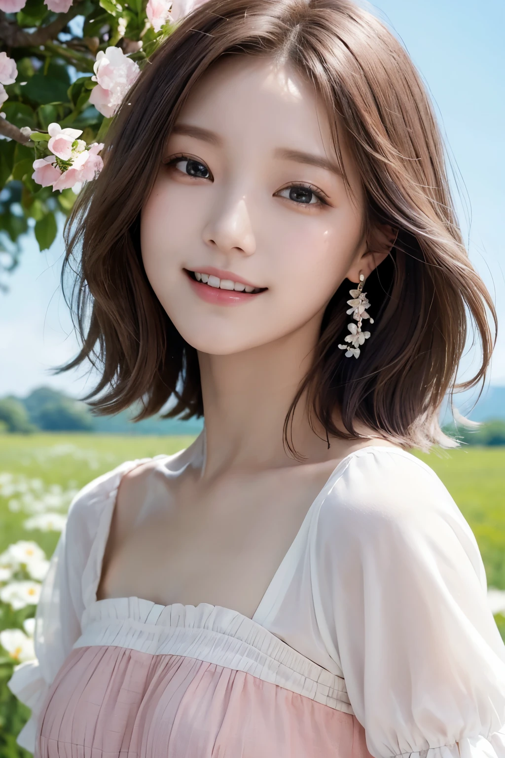 Ultra-high resolution、(Real:1.4)、One beautiful woman、Beautifully detailed eyes and skin、Brown short hair、laughing、Small Bust、shirt、White and pink flowers in the meadow々、Valley、Remains of megastructures、wood々Beyond the sea、Refreshing blue sky、Afternoon sunshine、Hair swaying in the wind、