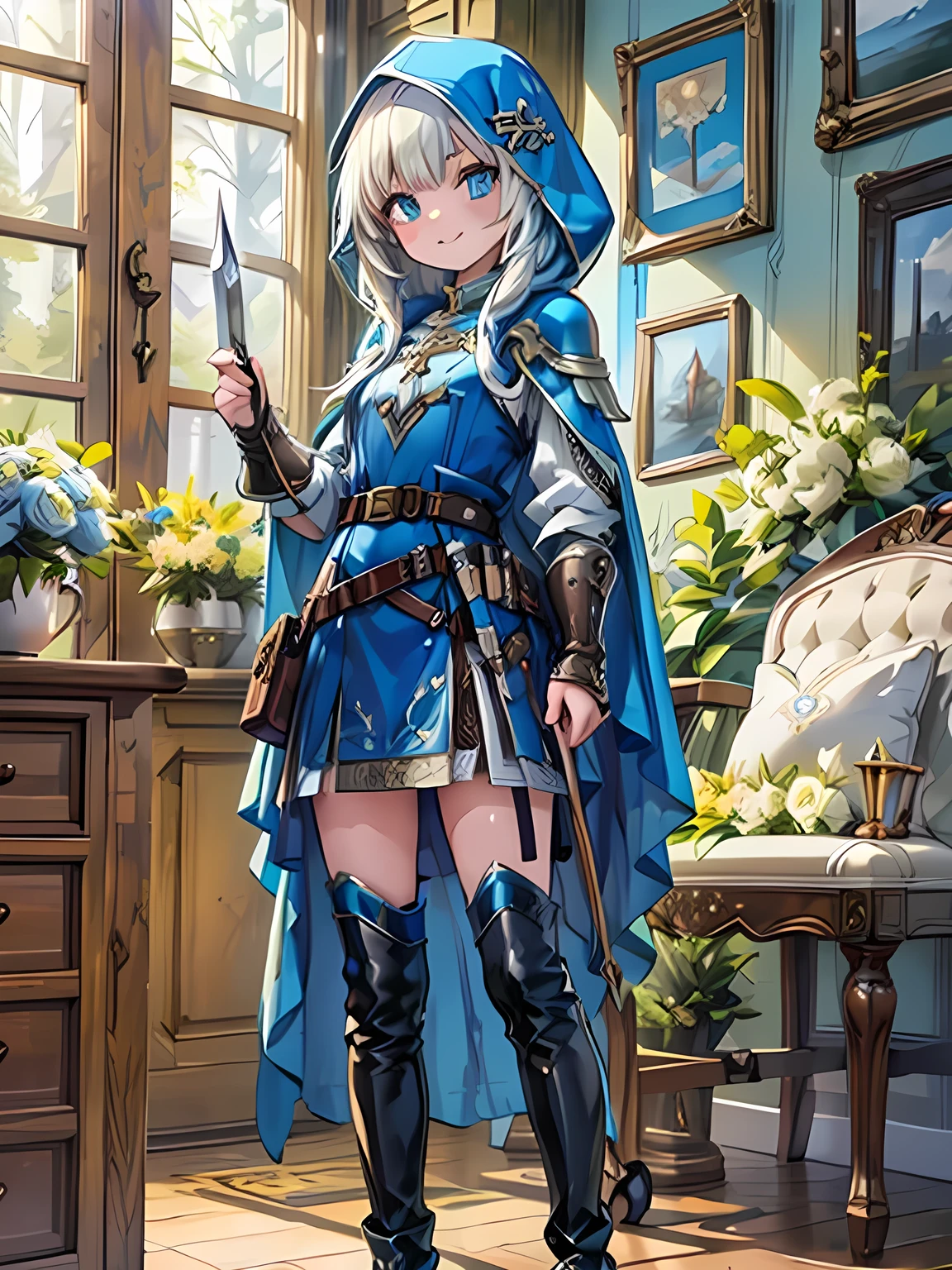 Highest quality,masterpieceCreate a detailed coloring page,Leather Armor、Cloth clothing、Hooded cloak、Sober design、Pouch、belt、boots、dagger、Dagger、Stiletto、Small Crossbow、throwing knife、Thief,smile