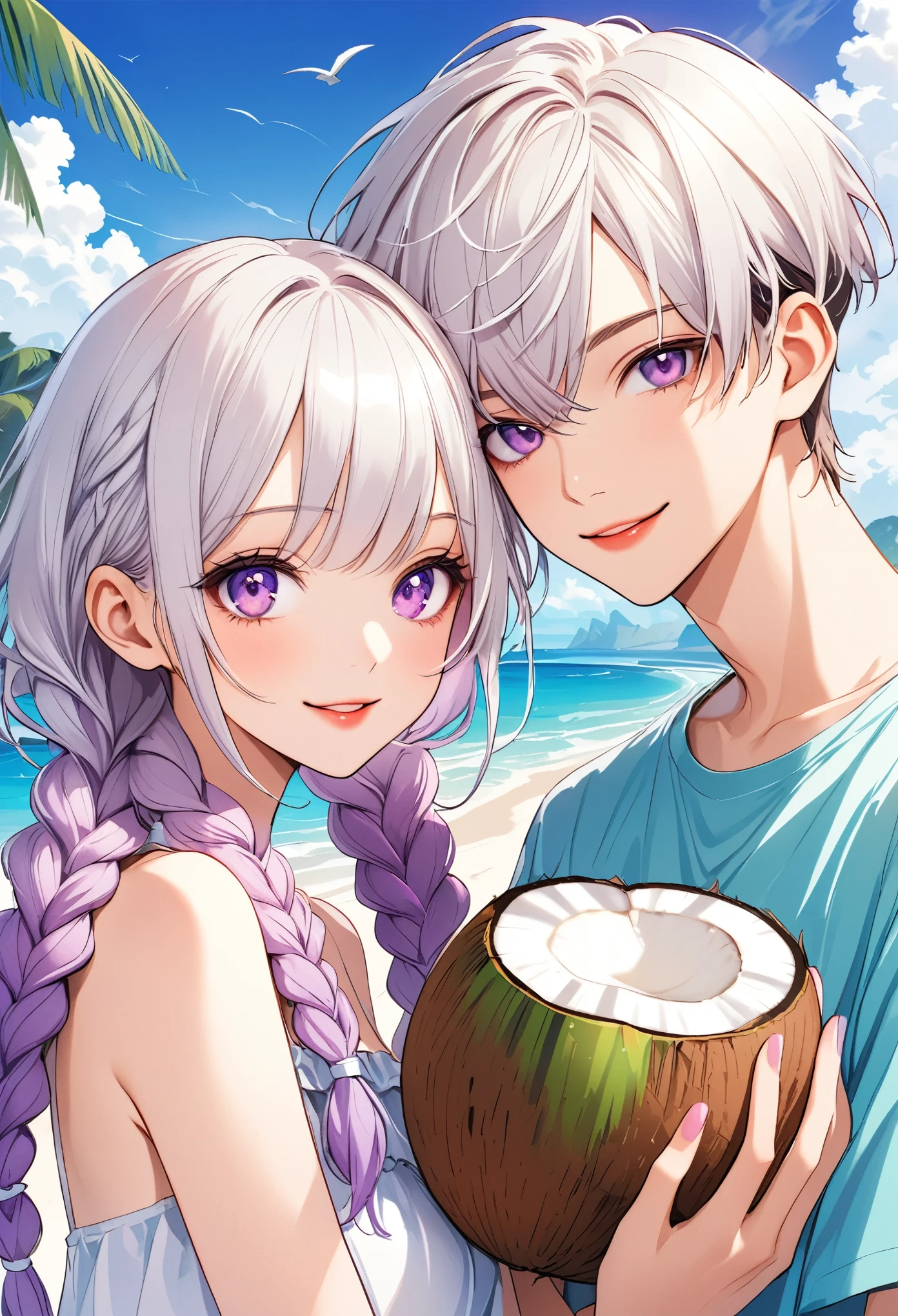 Enjoyable holiday，Vacation，Vector illustration，A cool young couple，Group photo，bust， Purple Eyes，girl，Purple Eyes，White hair-purple-long braids。 seaside，coconut，beverage