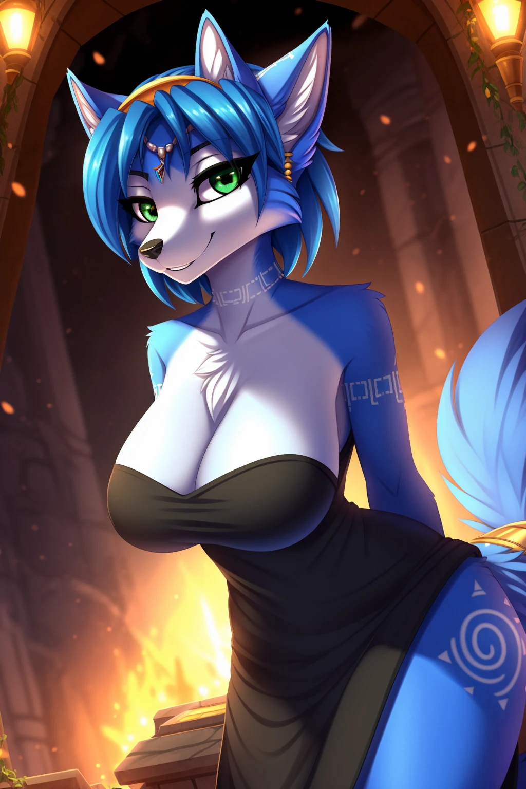 By zinfyuu on pixiv,by twistedscarlet60, uploaded on pixiv, by fluff-kevlar, (masterpiece), (best quality), (anthro furry:1.3, snout:1.2, anthro:1.3, furry:1.2, solo female:1.2), (extremely detailed:1.3), (Detailed eye part: White lens, green iris,black cornea), tall, slim body, sweet smile, wear Black tshirt and long skirt, krystal, busty, big breast, thick thighs
