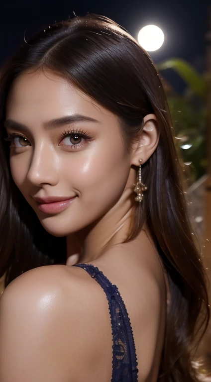 beautiful woman wearing a dress，Body Portrait、8k，Beautiful details in the eyes，Dindal effect、masterpiece, 最high quality, high quality, High resolution、Very detailedな写真、(Natural skin texture、Detailed skin、Hyperrealism、Ultra Sharpness)、Skin with attention to detail、(Very detailed、Detailed skinの質感、Intricate details、Beautiful Face、(Lively Faces)、Realistic eyes、Beautiful and detailed、Realistic Skin、Beautiful skins、Surreal、Very detailed、Golden Ratio、With a smile、((Night moonlight background))、Body Portrait