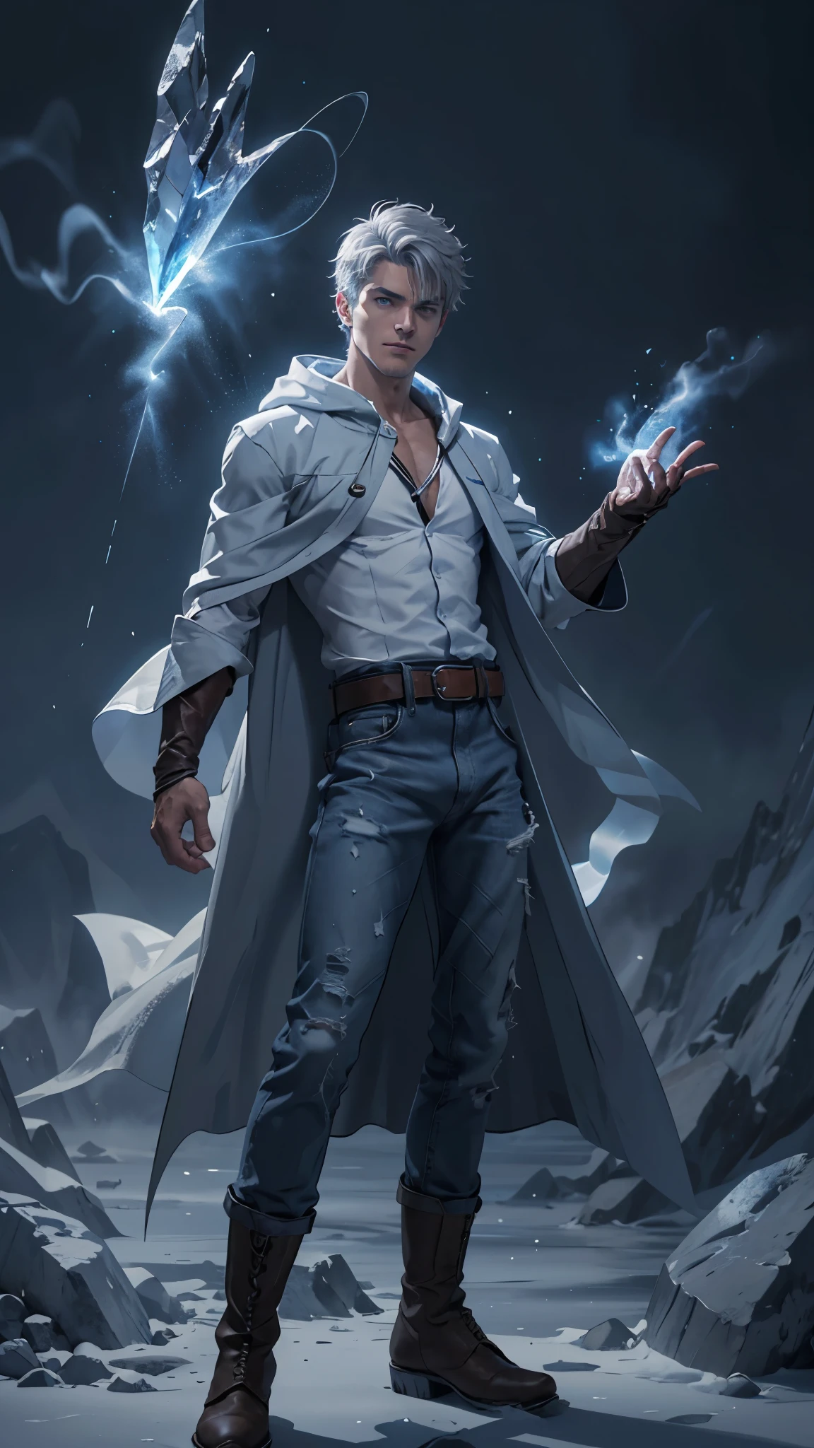 Design 1wizard man throwing a ice beam. Young man with ice  hooded cape.Light gray hair Gray eyes Wearing a white button-down shirt Wearing blue jeans Wearing a brown belt Wearing short brown boots Wearing blue gloves on your hands. epic.cinematografico