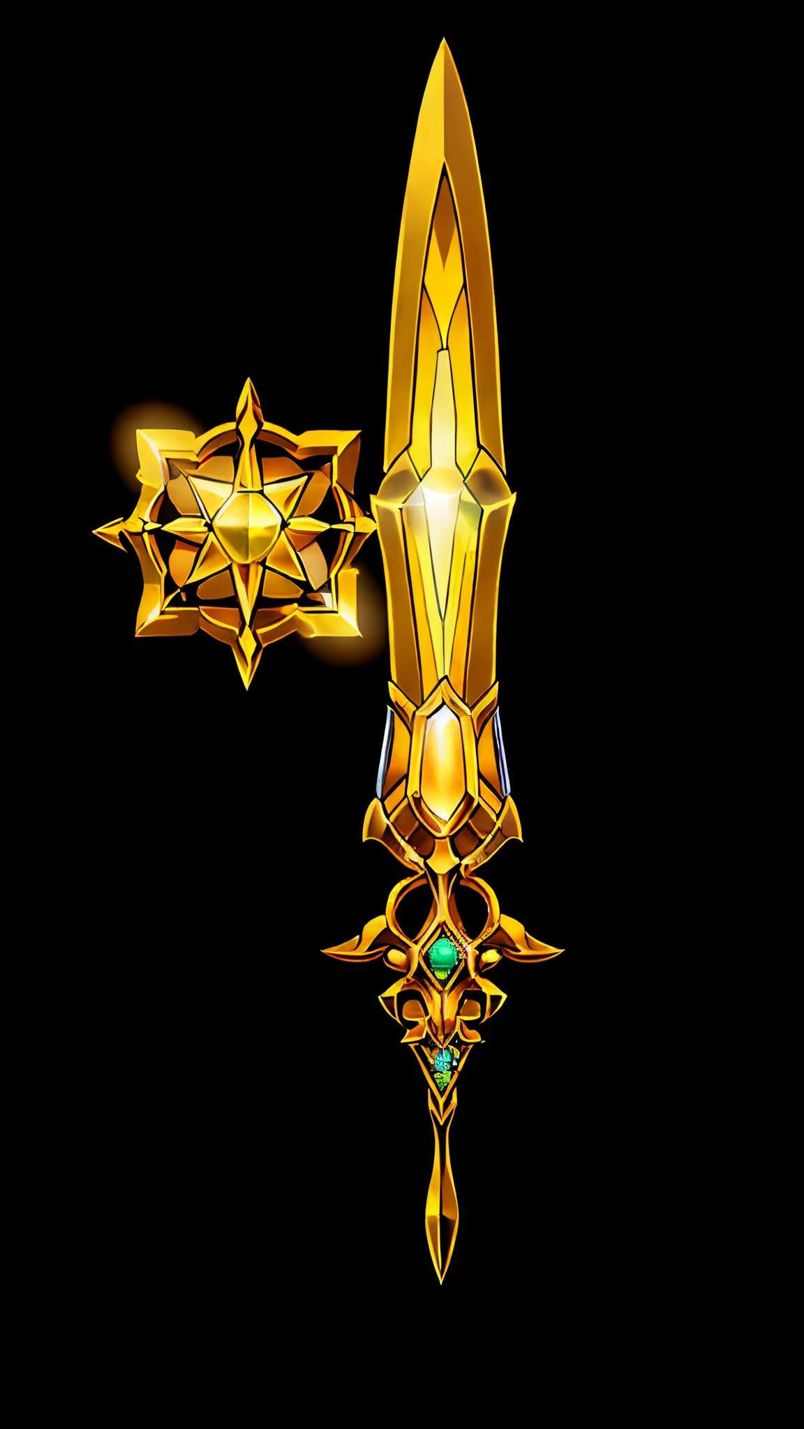 Game Art of golden blade with long hilt, best quality, Trending on Artstation, masterpiece, yellow jewel,(fom side)