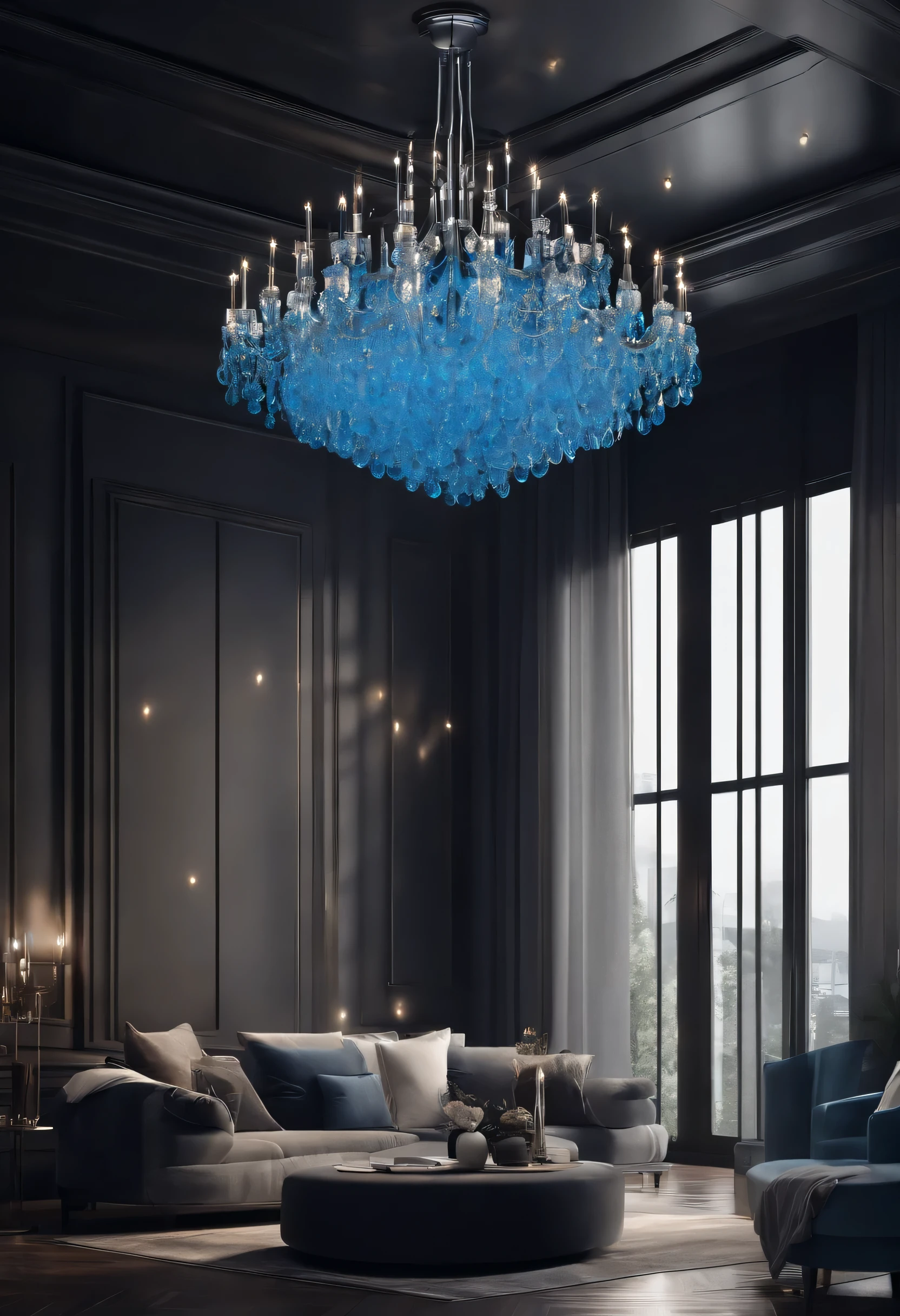 Professional architectural 3D rendering of the design of a chandelier in a modern and minimal style in the shape of raindrops and in blue color