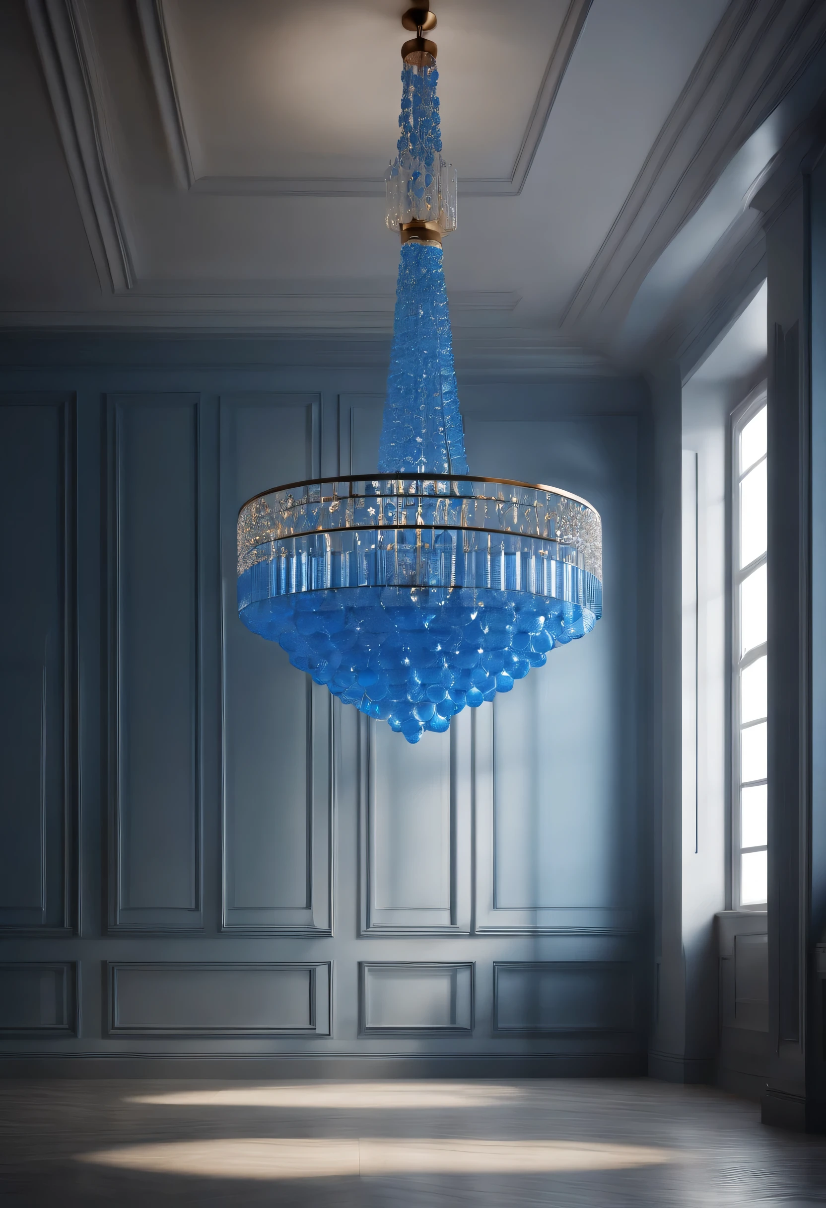 Professional architectural 3D rendering of the design of a chandelier in a modern and minimal style in the shape of raindrops and in blue color