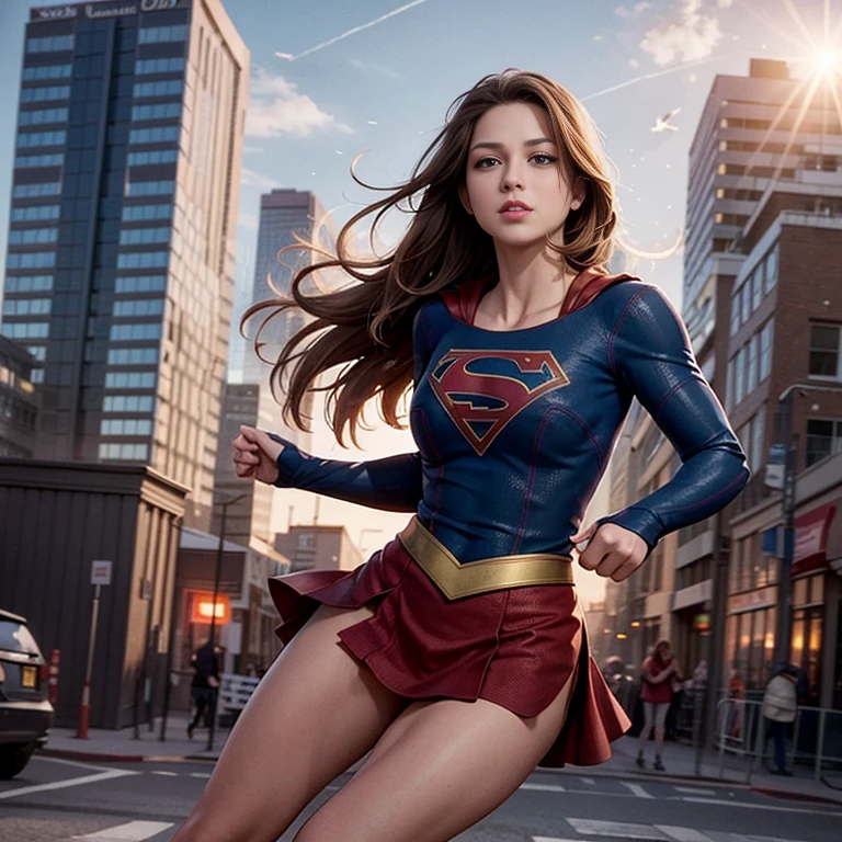 solo, 1girl, m3l1ss, supergirl, brown hair, s0p3r6m3l1s4-smf, blue eyes, blue bodysuit, long sleeves, red cape, realistic, bodysuit, animification, skirt, flying, buildings, sky, clouds, sun light
