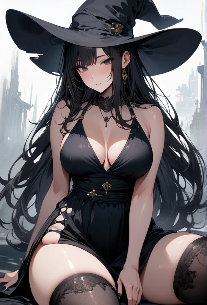 Masterpiece, very detailed, ultra detailed, one, (1 woman), she is in a simple witch black dress, detailed black witch hat and in an elegant position, super mature, tall, milf, mature mother, long hair, straight hair, super black hair and straight bangs, beautiful, charming, black eyes, dark eyes, black nails, elegant, medium breasts (huge, torn), cheerful breasts, neutral face, charming, white background, dark atmosphere.