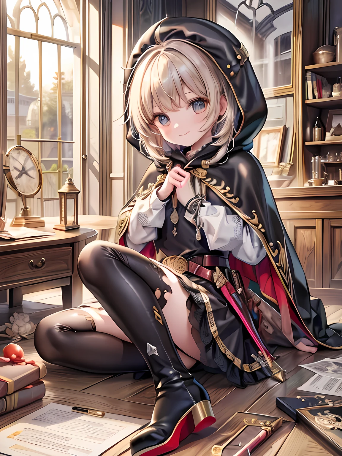 Highest quality,masterpieceCreate a detailed coloring page,Leather Armor、Cloth clothing、Hooded cloak、Sober design、Pouch、belt、boots、dagger、Dagger、Stiletto、Small Crossbow、throwing knife、Thief,smile