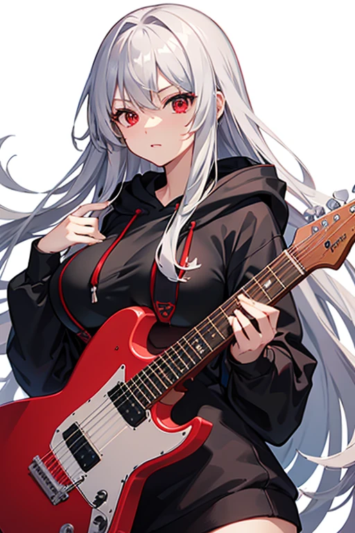 background through, long hair、 straight hair、 silver hair girl, red eyes、 Super high quality, 8K、Upper body、 Red background、 Band vocals、 (black hoodie)、 Red Electric Guitar、 ((big tits)), Young face