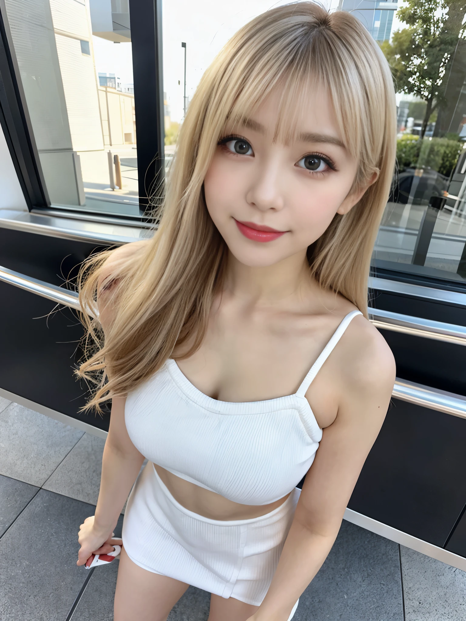 ( Masterpiece, highest quality), 98k, ((Perfect Anatomy:1.3)),Beautiful Japanese Women, alone, 18-year-old, Small face,Cute face:1.2,Smiling, Larger breasts, ,Beautifully detailed round eyes, Droopy Eyes 1.4, Long platinum blonde hair,Random Hair, (Highly detailed face and skin texture), Beautiful face in golden proportions,White skin,Accentuate your beautiful legs,Cheerleader in white mini dress style,Random sexy poses, Sunny day,((Angle where you can see up to the legs:1.2)),(Standing like a model:1.4)
