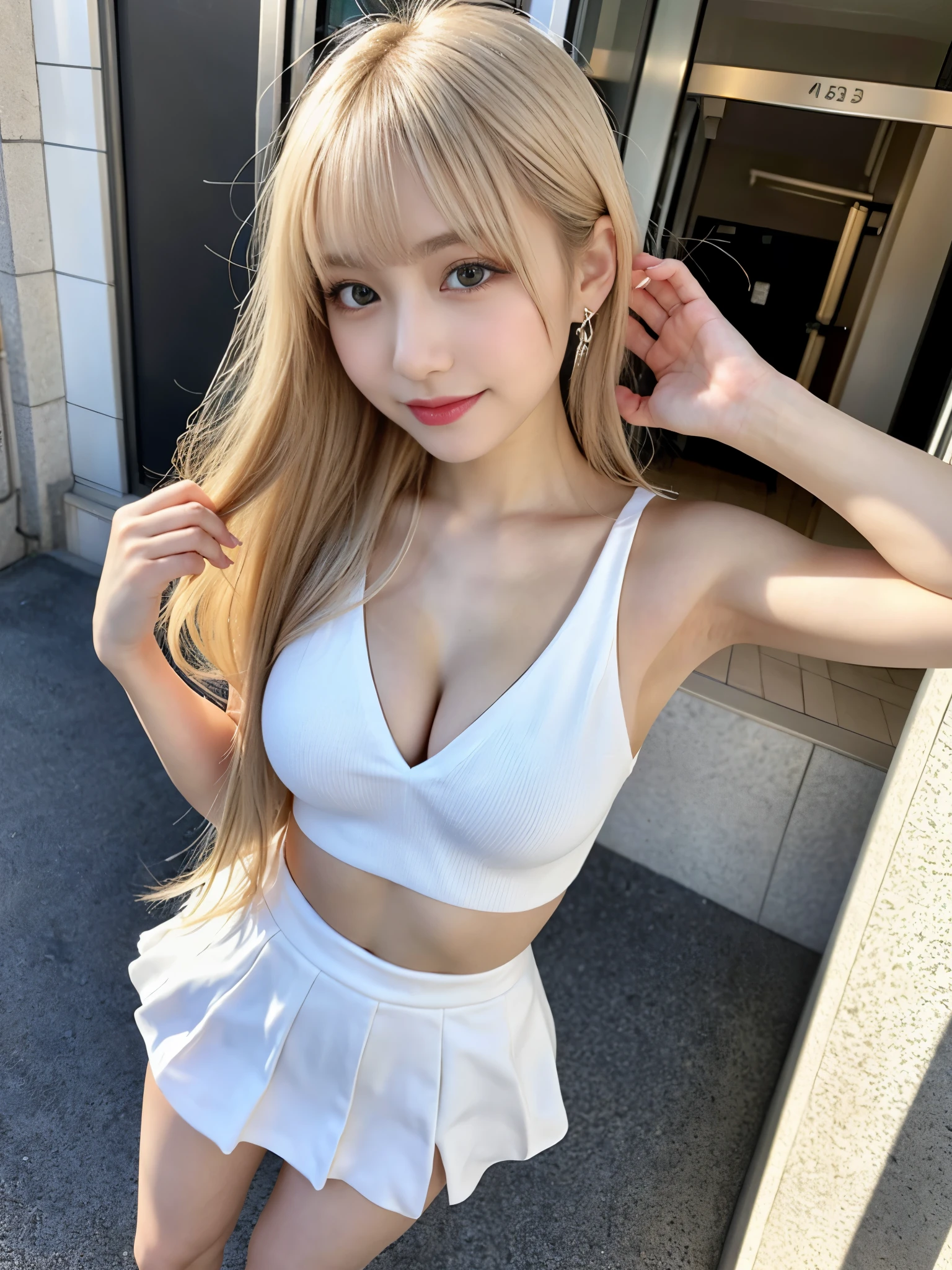 ( Masterpiece, highest quality), 98k, ((Perfect Anatomy:1.3)),Beautiful Japanese Women, alone, 18-year-old, Small face,Cute face:1.2,Smiling, Larger breasts, ,Beautifully detailed round eyes, Droopy Eyes 1.4, Long platinum blonde hair,Random Hair, (Highly detailed face and skin texture), Beautiful face in golden proportions,White skin,Accentuate your beautiful legs,Cheerleader in white mini dress style,Random sexy poses, Sunny day,((Angle where you can see up to the legs:1.2)),(Standing like a model:1.4)