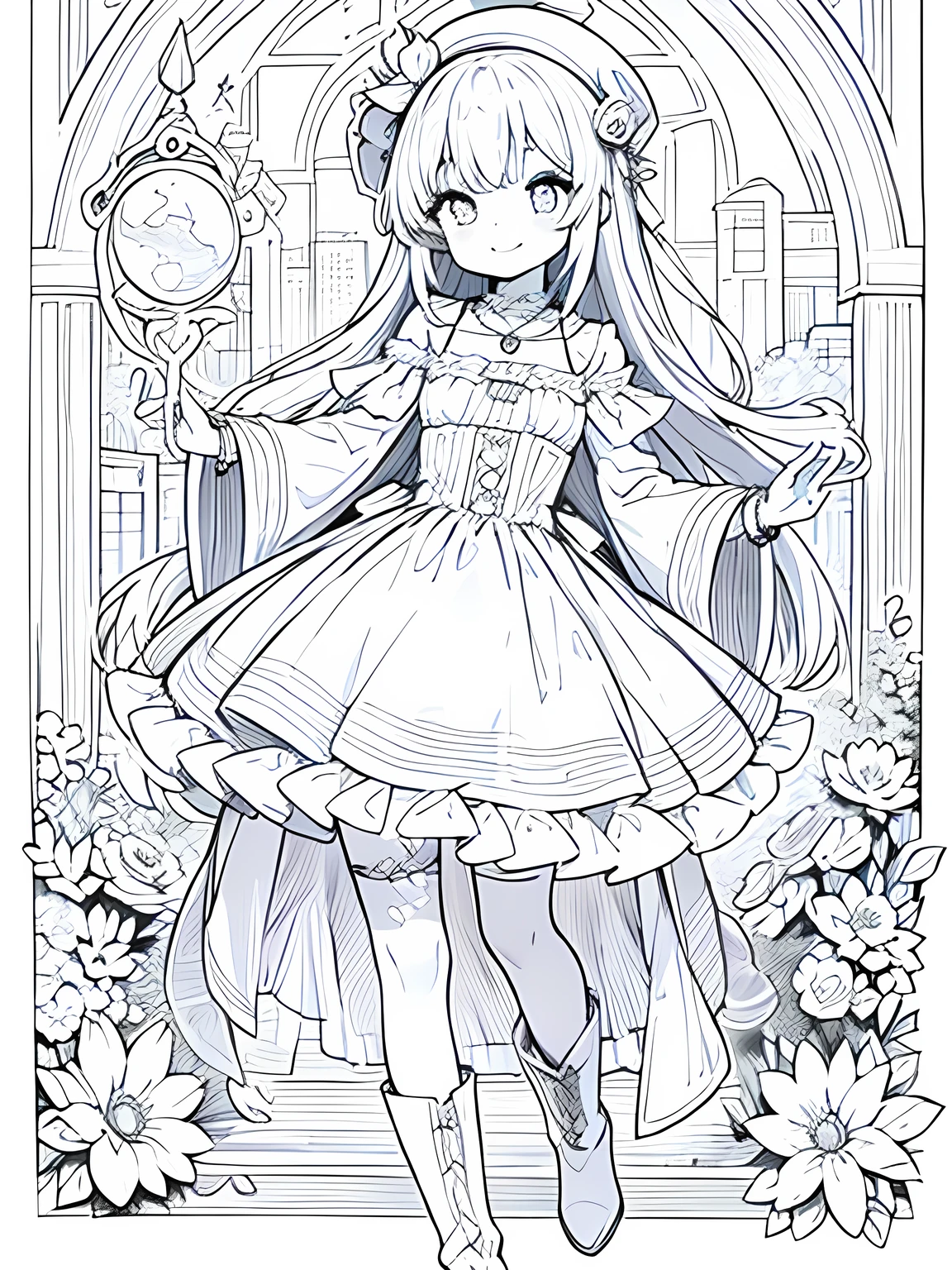 Line art background, background, Monochrome, Line art, ((sketch)),Highest quality,masterpiece,monochrome,Lineart,single color,Create a detailed coloring page,Girl、Big eyes、Patchwork style、Bell Hat、Frills、ribbon、Gorgeous、Comfortable clothing、boots,beads、pendant、bracelet、lute、flute、Magic tools、bouquet、humor、Cheerful、joy、Free-spirited、gregarious,smile