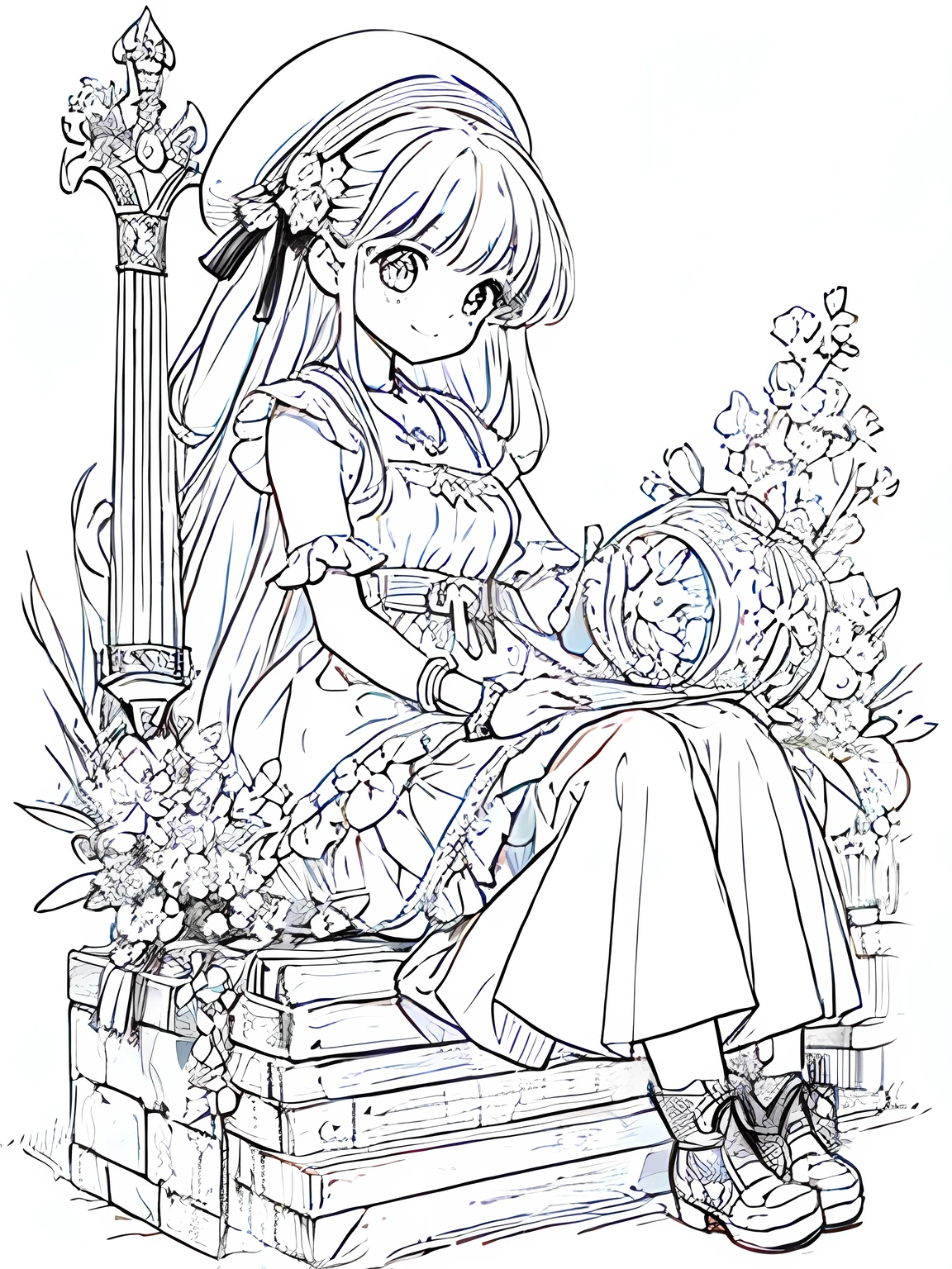 Line art background, background, Monochrome, Line art, ((sketch)),Highest quality,masterpiece,monochrome,Lineart,single color,Create a detailed coloring page,Girl、Big eyes、Patchwork style、Bell Hat、Frills、ribbon、Gorgeous、Comfortable clothing、boots,beads、pendant、bracelet、lute、flute、Magic tools、bouquet、humor、Cheerful、joy、Free-spirited、gregarious