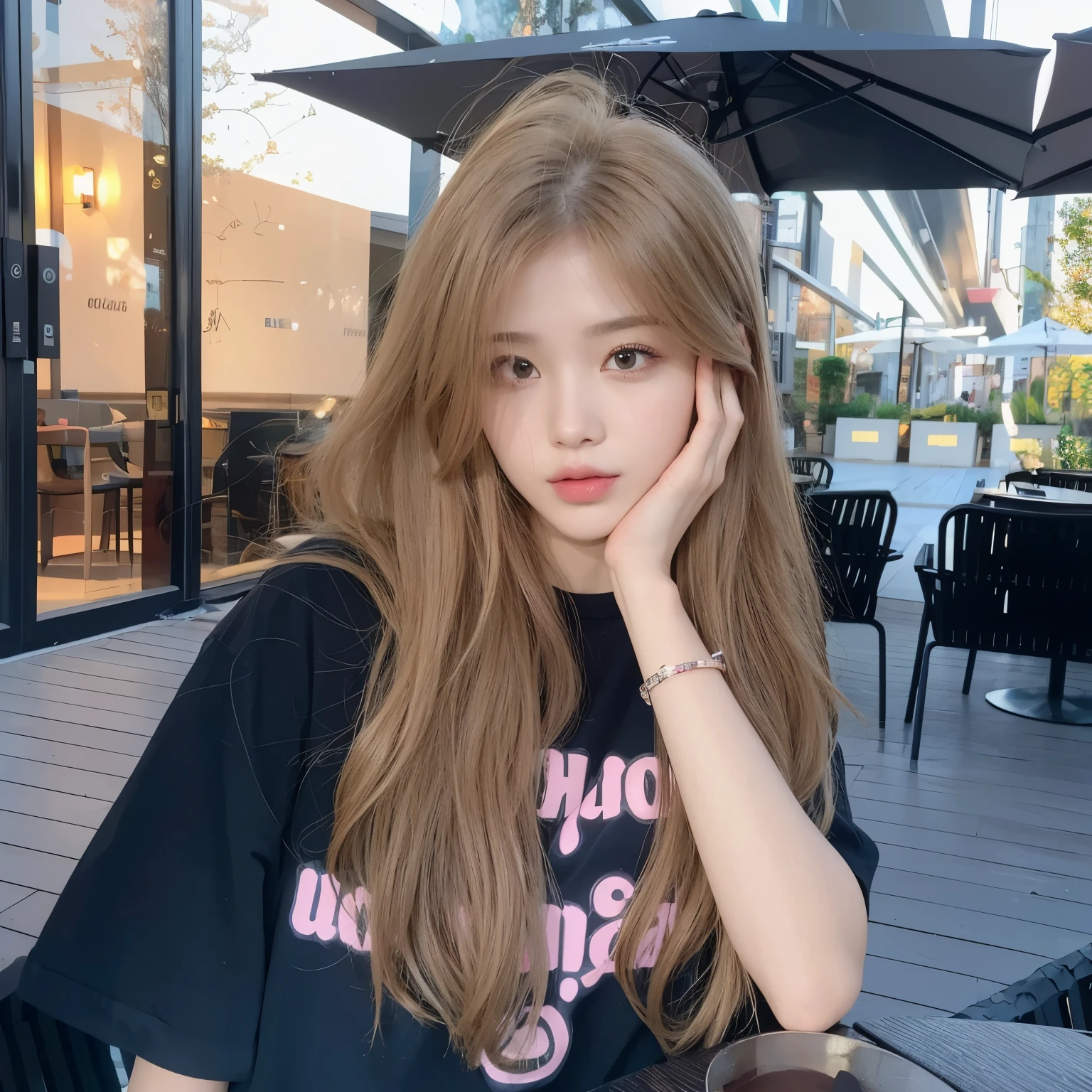 masterpiece, best quality, Girl wearing black and pink short-sleeved T-shirt，Facing the camera，Long hair，Bangs，Long curly hair，Flowing hair，20 years old，Sweet cool girl，a girl，Exquisite facial features，