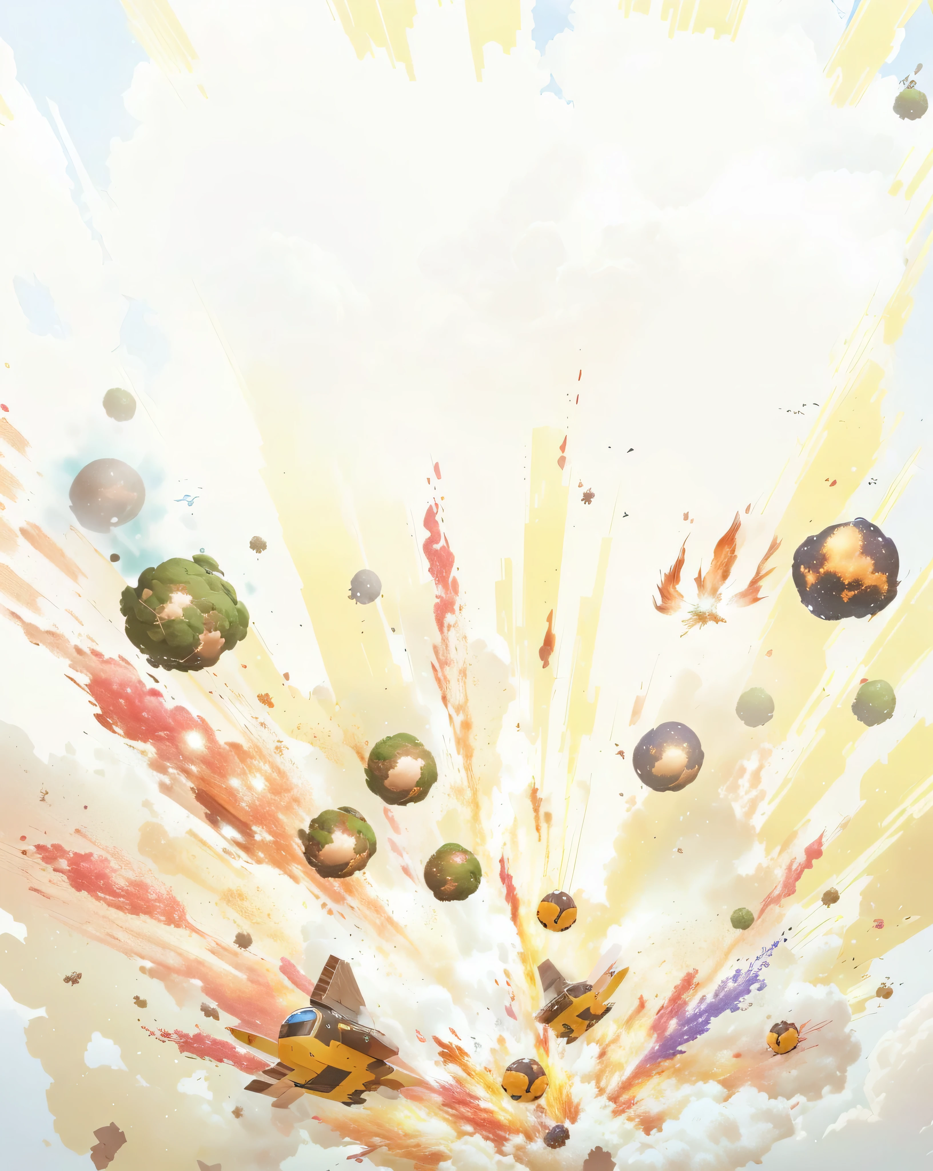 there is a cartoon of a bunch of bombies flying in the air, explosive background, exploding background, background explosion, explosion background, background artwork, background aerial battle, lots of particles, stones falling from the sky, spores floating in the air, powerful explosions, birds flying away from explosion, official artwork, particles explosion, explosions!, explosion, explosions in background