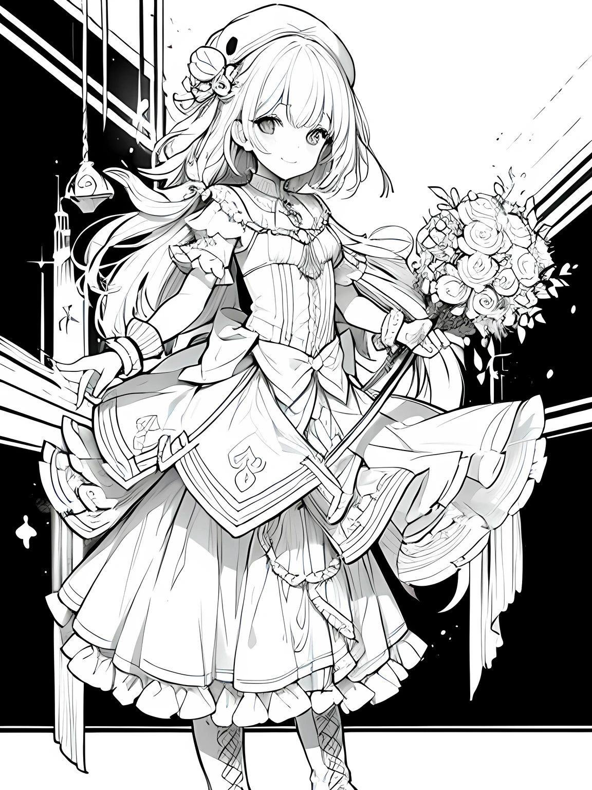 Create a coloring page with a white background and detailed floral designs. The outlines should be thick and easy to color within.,Line art background, background, Monochrome, Line art, ((sketch)),Highest quality,masterpiece,monochrome,Lineart,single color,Create a detailed coloring page,Girl、Big eyes、Patchwork style、Bell Hat、Frills、ribbon、Gorgeous、Comfortable clothing、boots,beads、pendant、bracelet、lute、flute、Magic tools、bouquet、humor、Cheerful、joy、Free-spirited、gregarious,smile