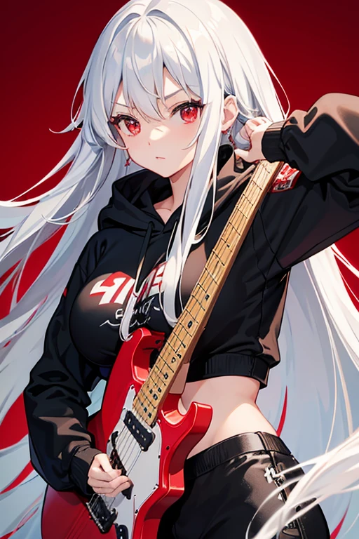 background through, long hair、 straight hair、 silver hair girl, red eyes、 Super high quality, 8K、Upper body、 Red background、 Band vocals、 (black hoodie)、 Red Electric Guitar、 ((big tits)), Young face