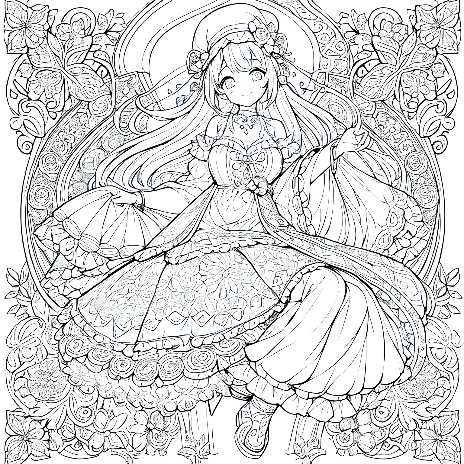 Create a coloring page with a white background and detailed floral designs. The outlines should be thick and easy to color within.,Line art background, background, Monochrome, Line art, ((sketch)),Highest quality,masterpiece,monochrome,Lineart,single color,Create a detailed coloring page,Girl、Big eyes、Patchwork style、Bell Hat、Frills、ribbon、Gorgeous、Comfortable clothing、boots,beads、pendant、bracelet、lute、flute、Magic tools、bouquet、humor、Cheerful、joy、Free-spirited、gregarious,smile