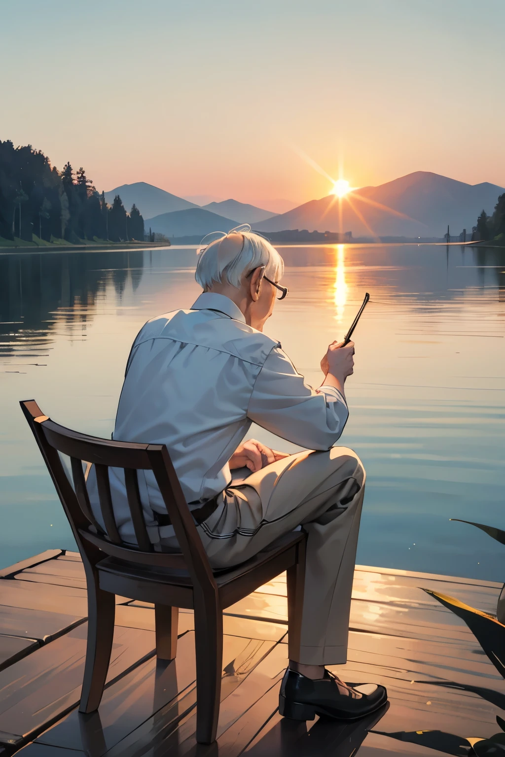 The Oracle of Omaha finds solace in the simple pleasures of life. Sitting in a chair with his back to the camera, Warren Buffett casts his line into a serene lake as the sun dips below the horizon. A picturesque scene capturing the tranquility of the moment and the timeless joy of fishing.
