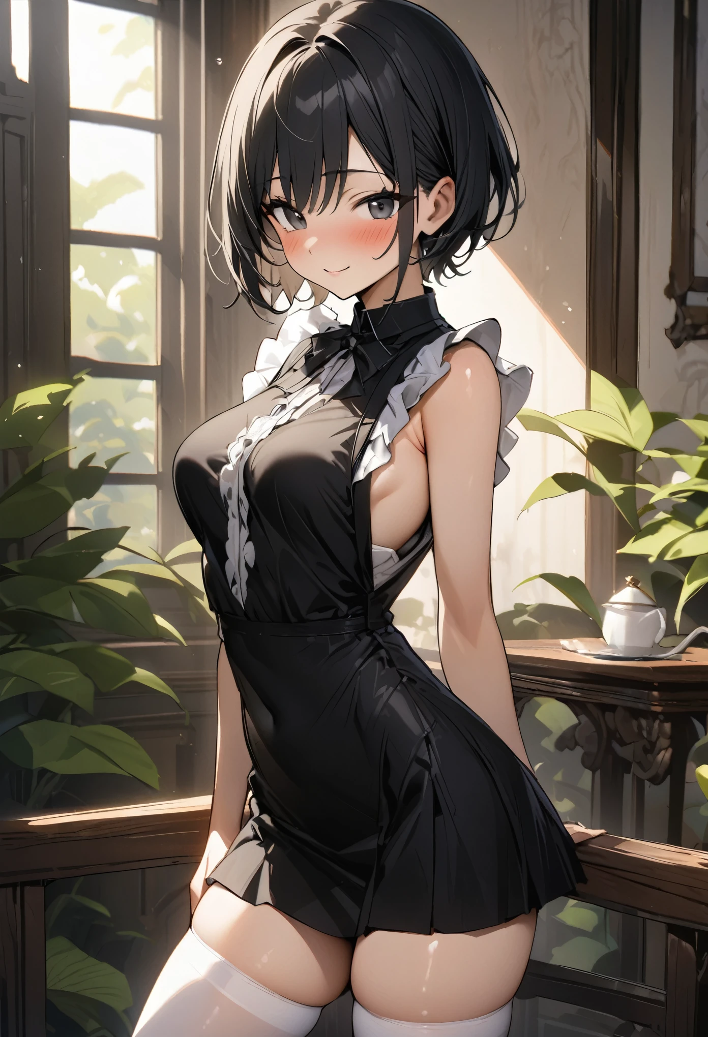 (((masterpiece, highest quality))),cowboy shot,20 year old beauty, solo,((very small head)),black hair,short hair,bangs,black eyes,blush,smile,medium breasts,((very long body,slender body)),skinny,gleaming skin,oily skin,(japanese maid dress、Sleeveless、mini skirt、white_thighhighs),Garden of the old mansion、Old big mansion、Natural light、