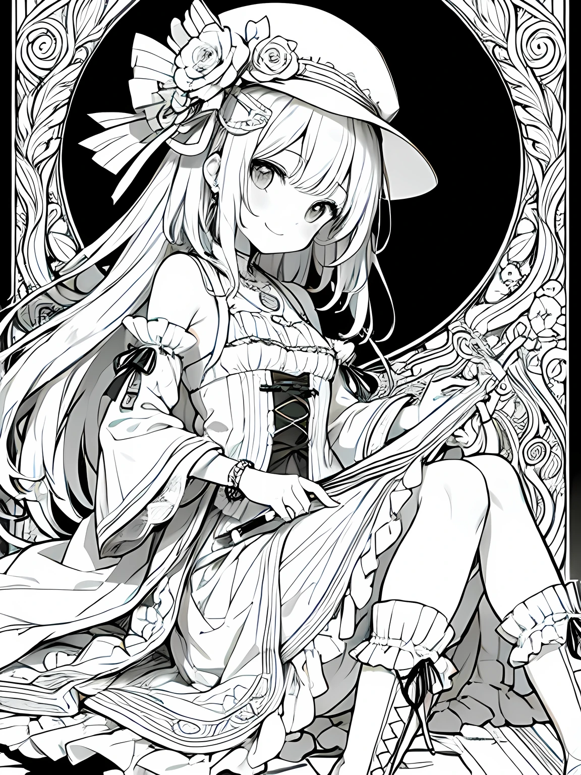 Create a coloring page with a white background and detailed floral designs. The outlines should be thick and easy to color within.,Line art background, background, Monochrome, Line art, ((sketch)),Highest quality,masterpiece,monochrome,Lineart,single color,Create a detailed coloring page,Girl、Big eyes、Patchwork style、Bell Hat、Frills、ribbon、Gorgeous、Comfortable clothing、boots,beads、pendant、bracelet、lute、flute、Magic tools、bouquet、humor、Cheerful、joy、Free-spirited、gregarious,smile