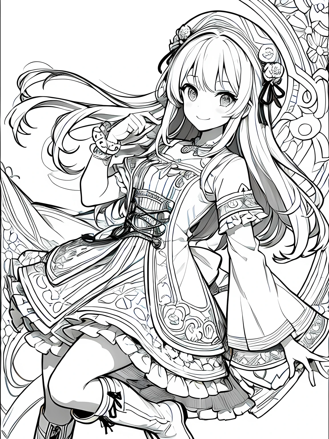 Create a coloring page with a white background and detailed floral designs. The outlines should be thick and easy to color within.,Line art background, background, Monochrome, Line art, ((sketch)),Highest quality,masterpiece,monochrome,Lineart,single color,Create a detailed coloring page,Girl、Big eyes、Patchwork style、Bell Hat、Frills、ribbon、Gorgeous、Comfortable clothing、boots,beads、pendant、bracelet、lute、flute、Magic tools、bouquet、humor、Cheerful、joy、Free-spirited、gregarious,smile